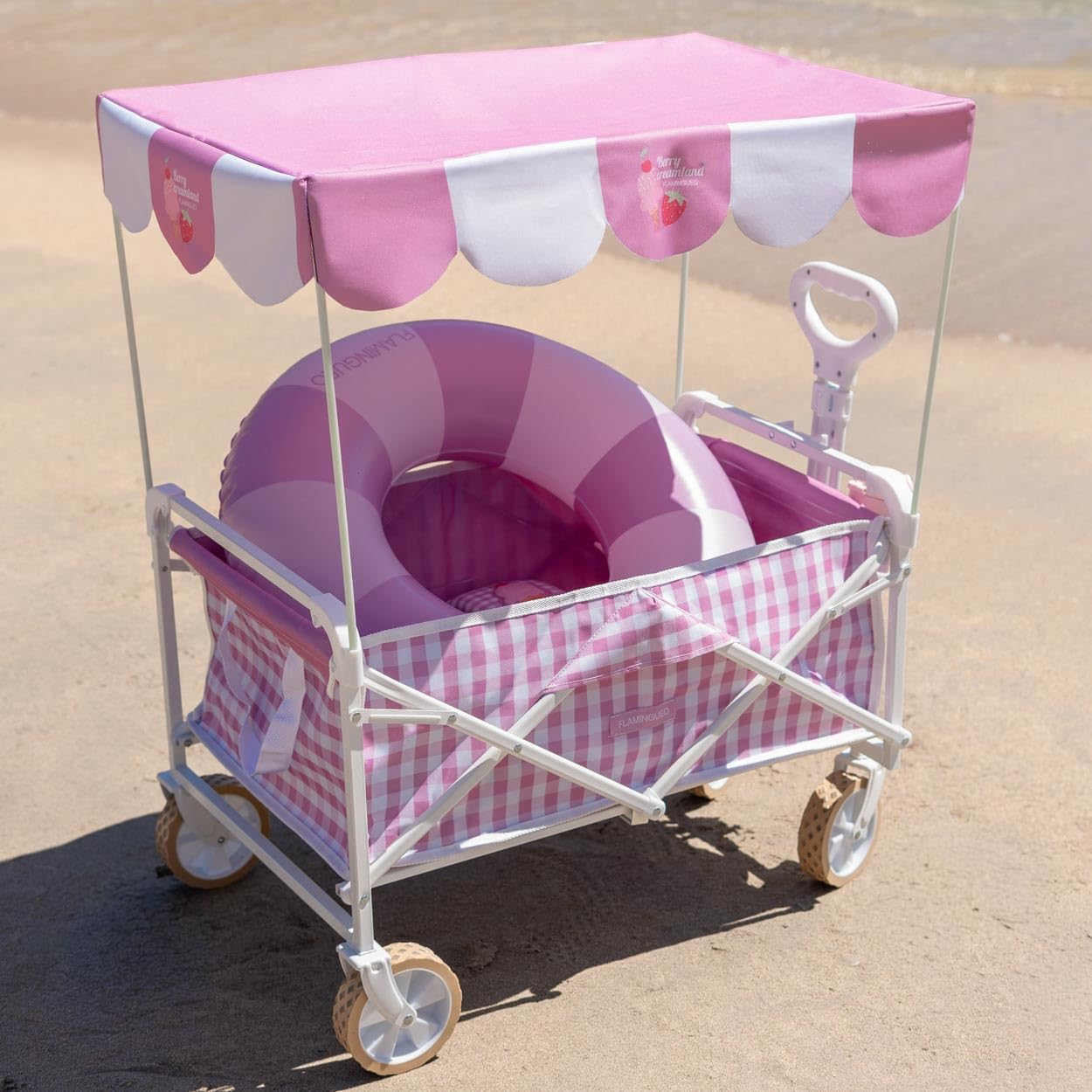 Flamingueo Carro Playa - para Niños - Plegable con Ruedas - Giro 360º - Bolsa para Protección - Parasol UPF50+ - Poliéster y Acero - Rosa