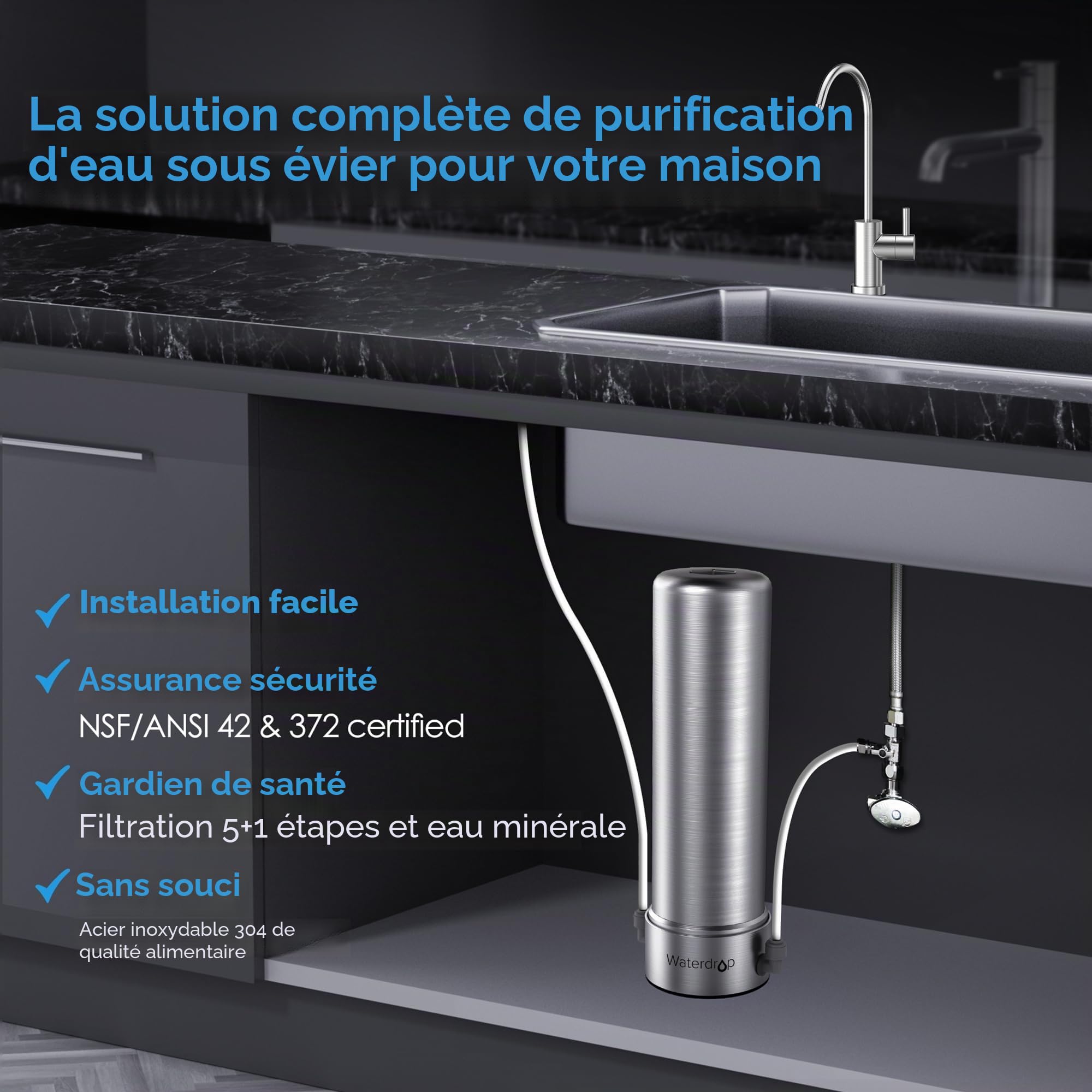 Waterdrop AS13 Filtre à eau sous évier, pas de perçage nécessaire, réduit les PFAS, PFOA/PFOS, filtre en acier inoxydable à 6 étapes, capacité de 56 000 litres, débit de 2 gpm