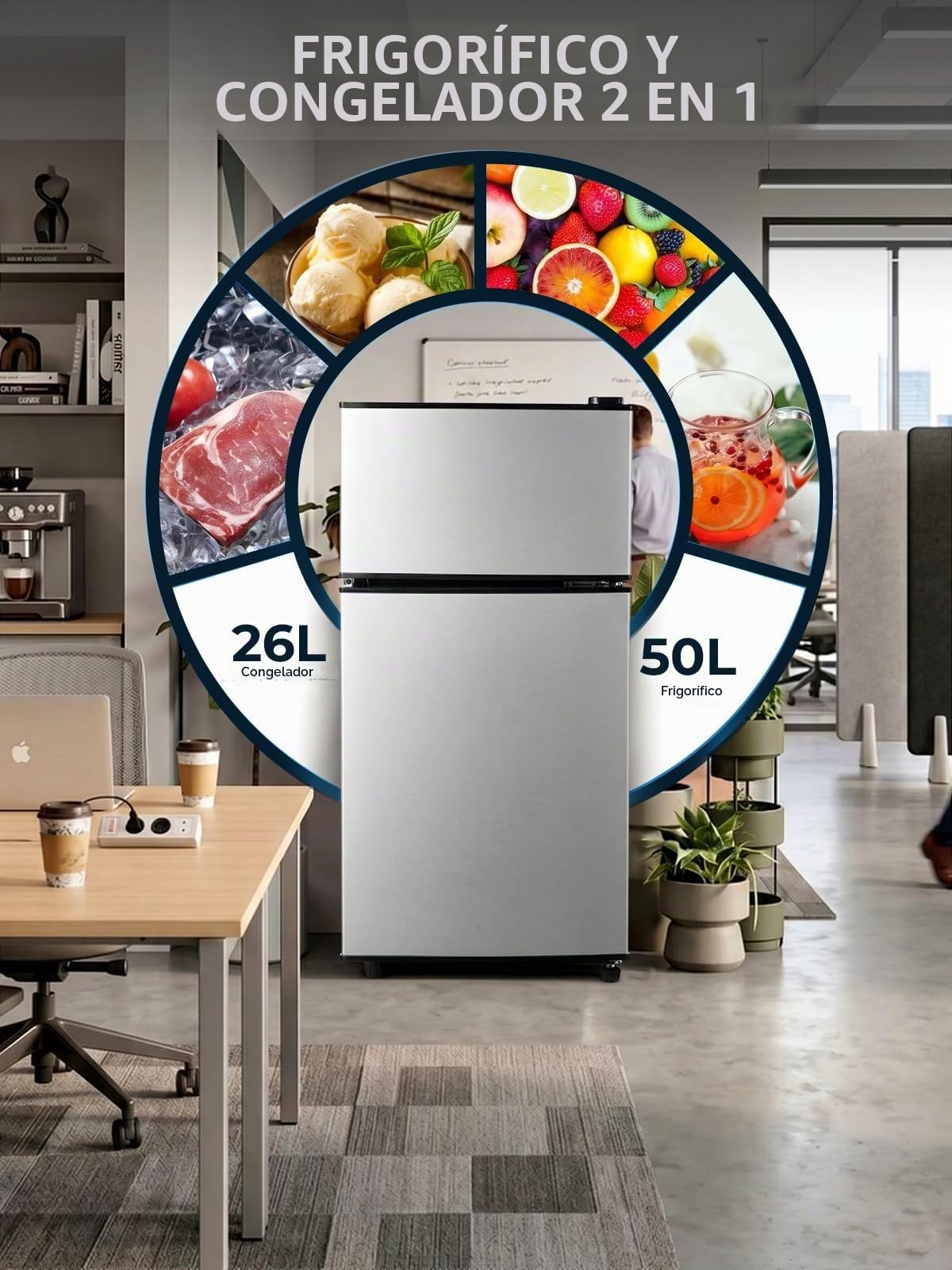 FOHERE Mininevera con Congelador 76L, Nevera Pequeña Silenciosa de 2 Puertas (50L+26L) para Dormitorio y Oficina, Mini Bar Estudiantil de Bajo Consumo para Bebidas y Comida Congelada, 43dB