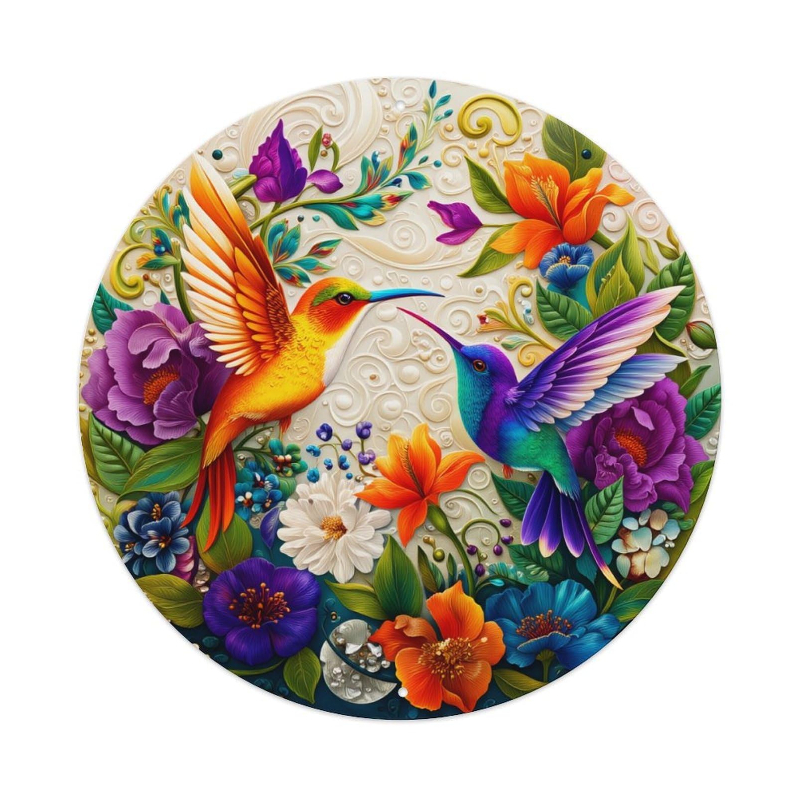 Colorful Hummingbirds Floral Pattern Art Retro Metal Sign Round Tin Sign, Vintage Decor Art Poster for Bar, Home, Man Cave, Kitchen, Laundry Room Gift 8x8Inch
