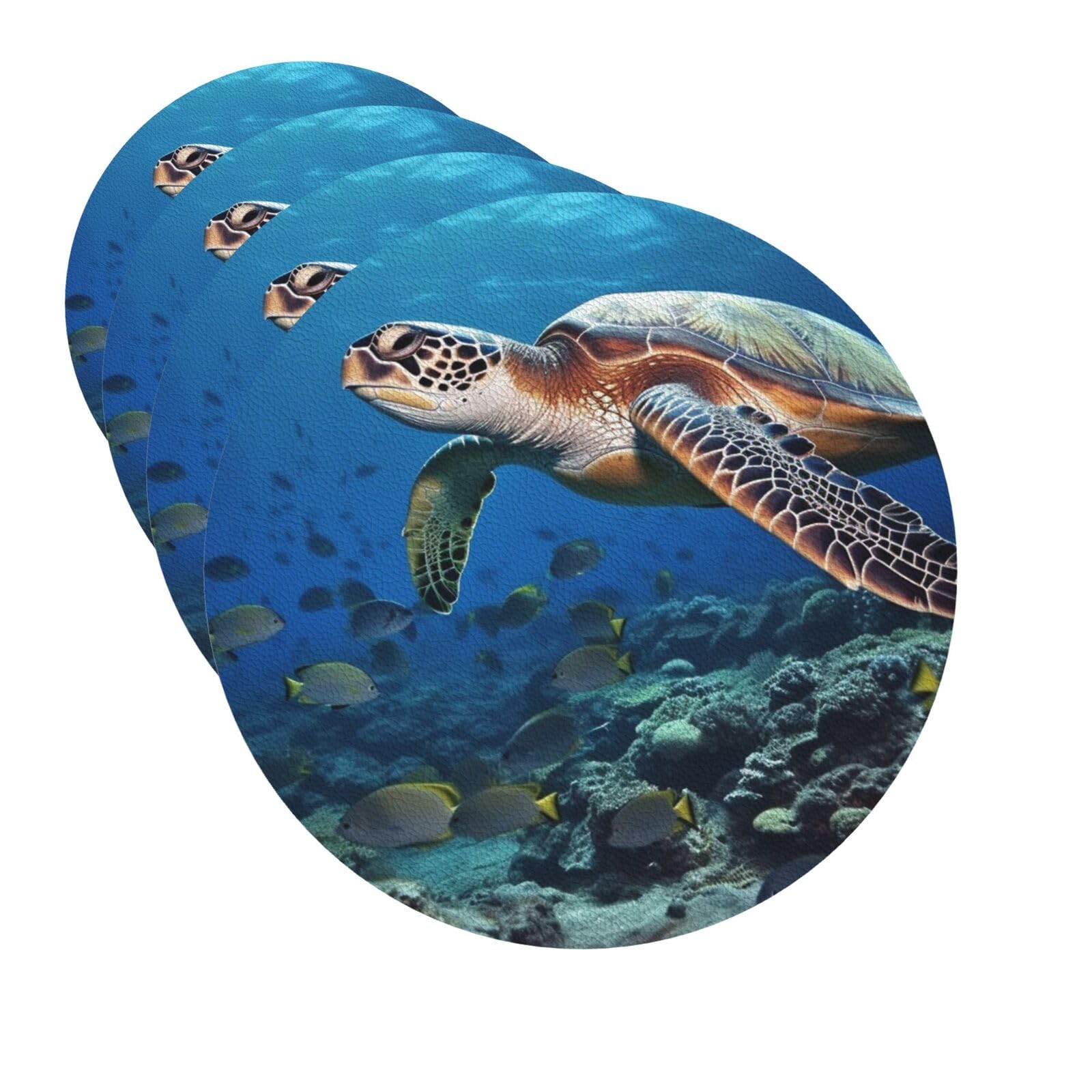 Drink Coasters Set of 4 Quick-Dry Leather Coaster Sea Turtle and Fish Coasters for Drinks Coffee Cup Mat Tabletop Protection Heat Resistant Coaster for Kitchen Bar Office Home Decor