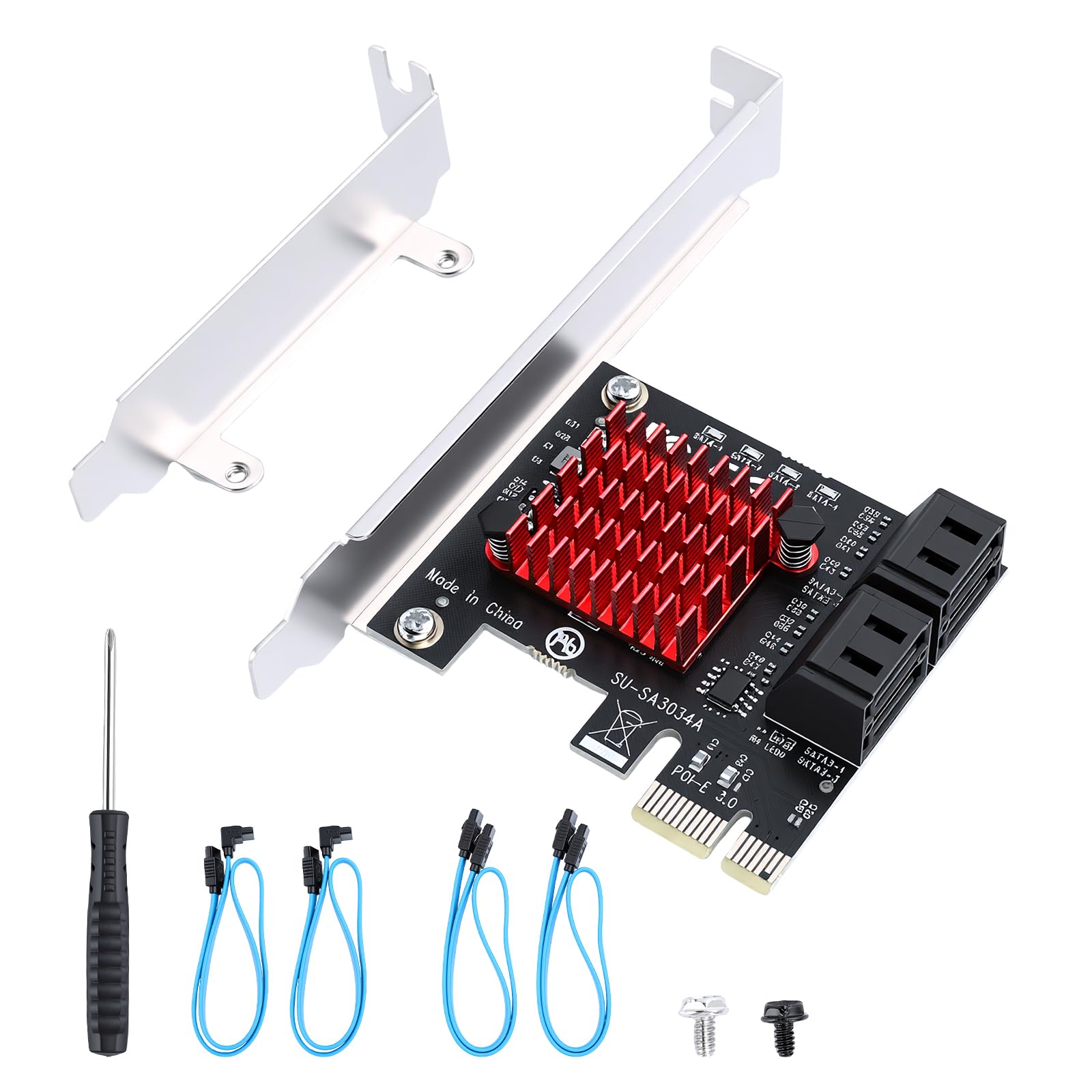 ELUTENG Adaptateur PCI-E vers SATA 4 ports PCIe carte d'extension 6 Gbps SATA 3.0 contrôleur PCI Express Carte contrôleur avec 4 câbles SATA Support à profil bas pour Windows/Vista/Linux