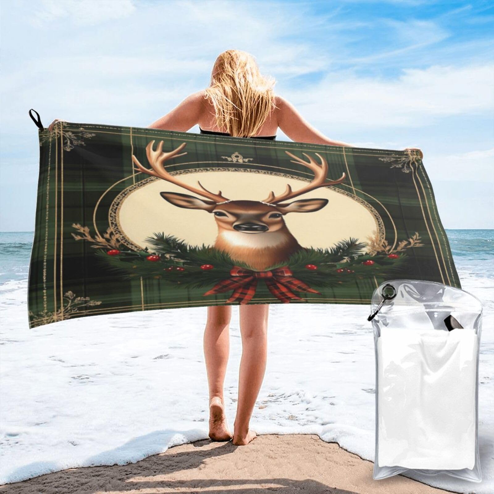 Anceky Digital Drawing of Festive Deer Head Quick Dry Microfiber Travel Towel with Carry Case and Carabiner 27.5"X55"