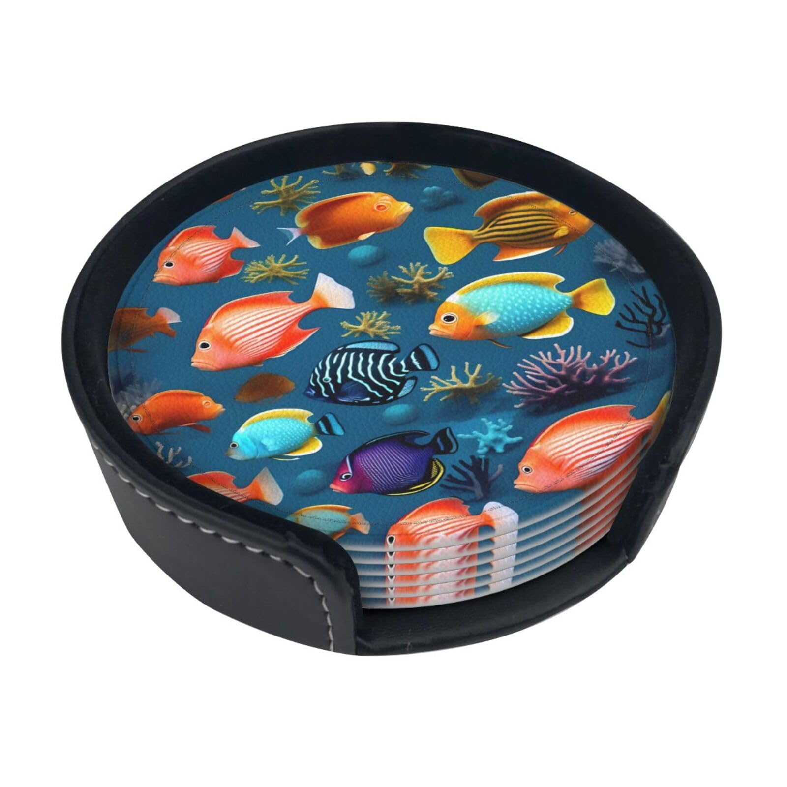 Cntdbu White Submarine Reef Fish Leather Coasters Set Of 6-Pu Leather Drink Mats For Table, Heat Resistant Round Coasters With Holder