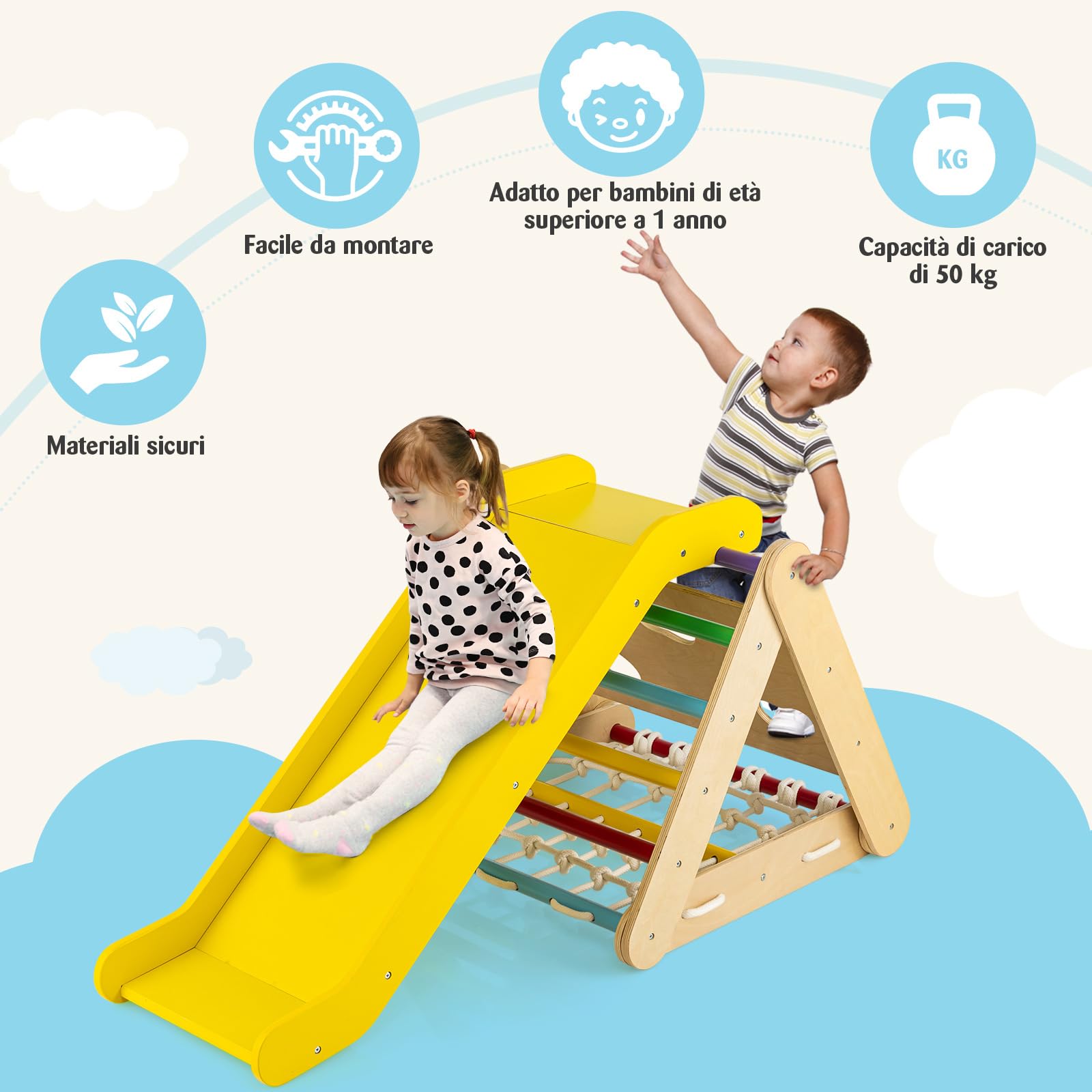 COSTWAY 4 in1 Set Arrampicata per Bambini, Triangolo Arrampicata Bambini con Scivolo, Giocattoli da Arrampicata in Legno con Rete, Carico 50kg, 1 Anni+ (Colorato)