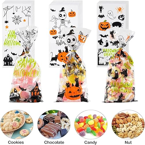 Miniatura 4 de YIINNIIY 200 bolsas de dulces de Halloween, bolsas de golosinas con 220 piezas de corbatas, bolsas de dulce o truco, bolsas de regalo de fiesta de