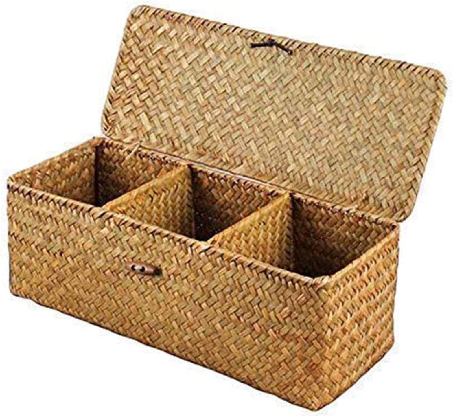 3 Compartment Storage Basket with Lid 3 Grid Hand-Woven Water Hyacinth Storage Basket Home Organizer Bins for Makeup, Clothes, Bathroom, Toilet and Home Items