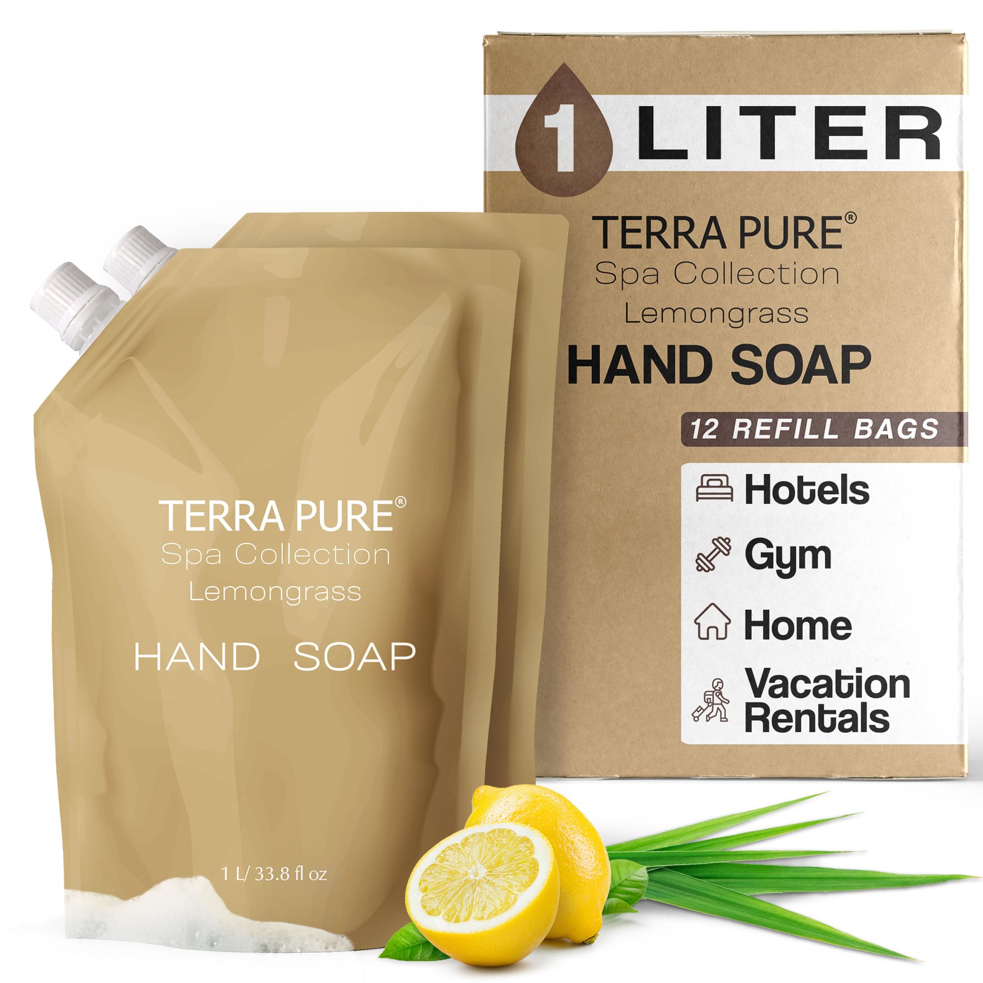 Terra Pure Spa Collection Hand Soap Refill - 1 Liter, 12 Pieces - Gentle & Moisturizing, Paraben-Free