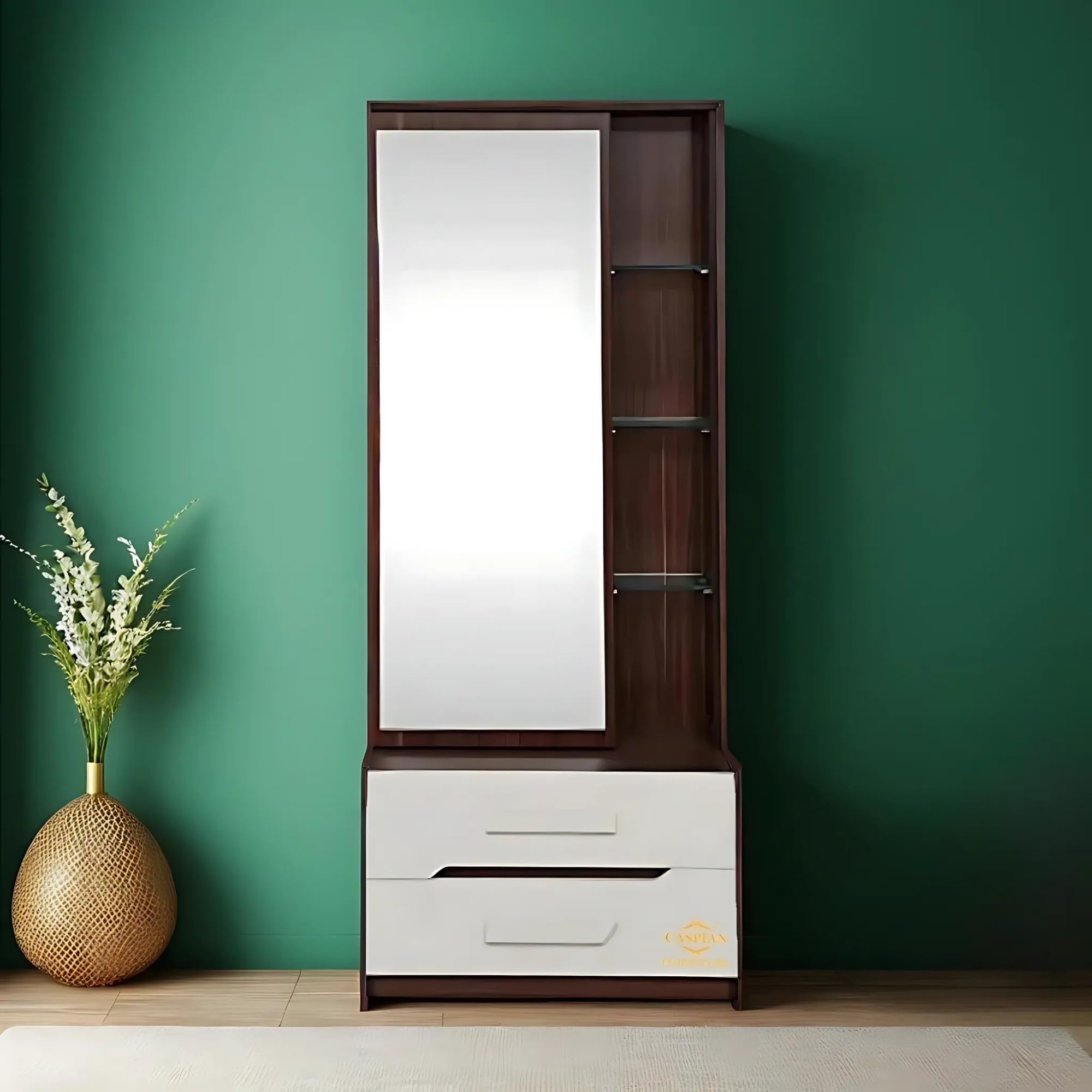 CASPIAN Engineered Wood Single Door Wooden Vanity Dressing Table (Brown & White) | Pre-Assembled Furniture with Mirror | Makeup & Accessories Storage Organizer with 4 Shelves & 2 Drawer-picture-20