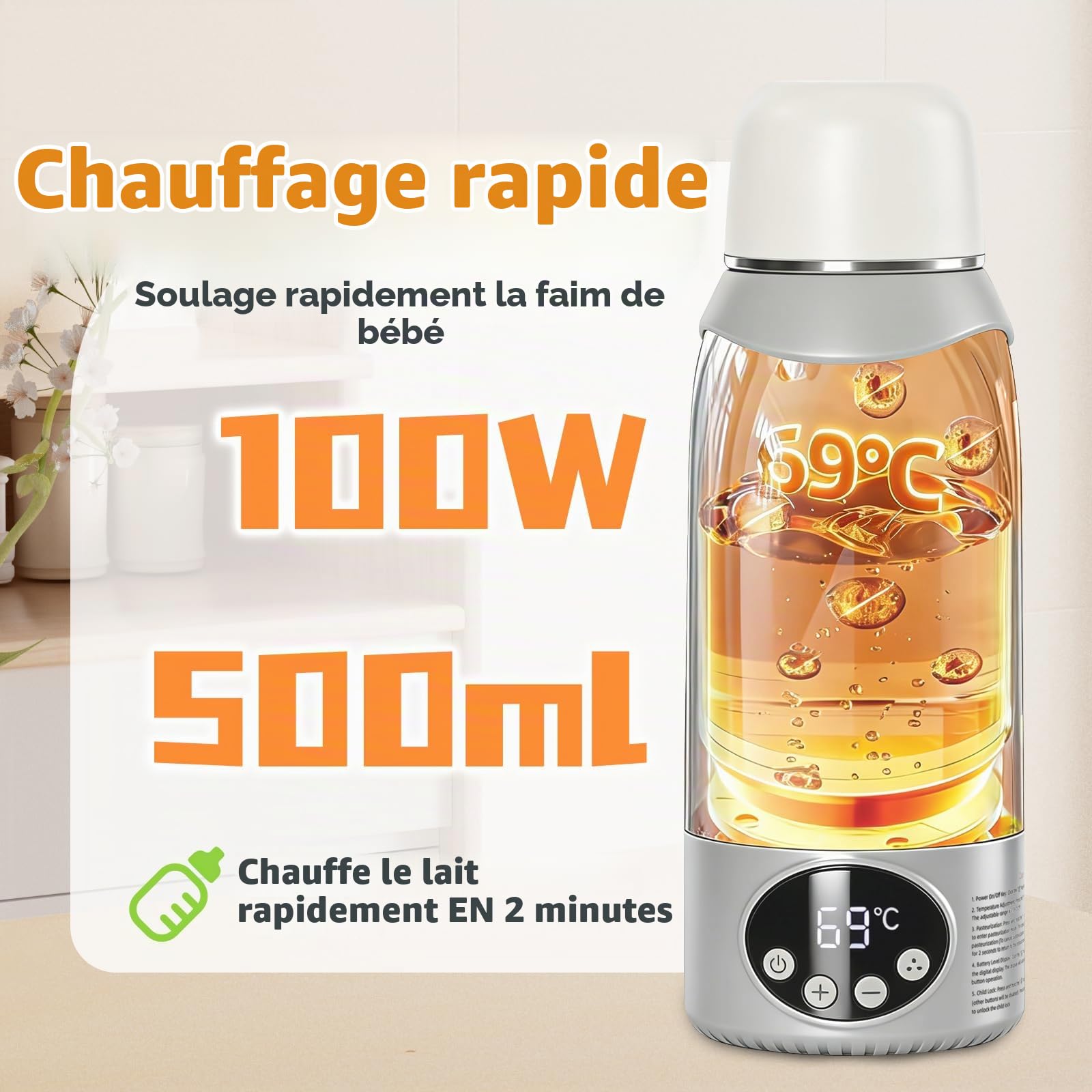 Chauffe-Biberon Portable Sans Fil & Nomade | Batterie 12000mAh, 500ml | Chauffe Lait Maternel et Eau Rapide (2 min) | Chauffe-Eau de Voyage, Thermos Bébé Biberon & Chauffe-Biberons Voiture