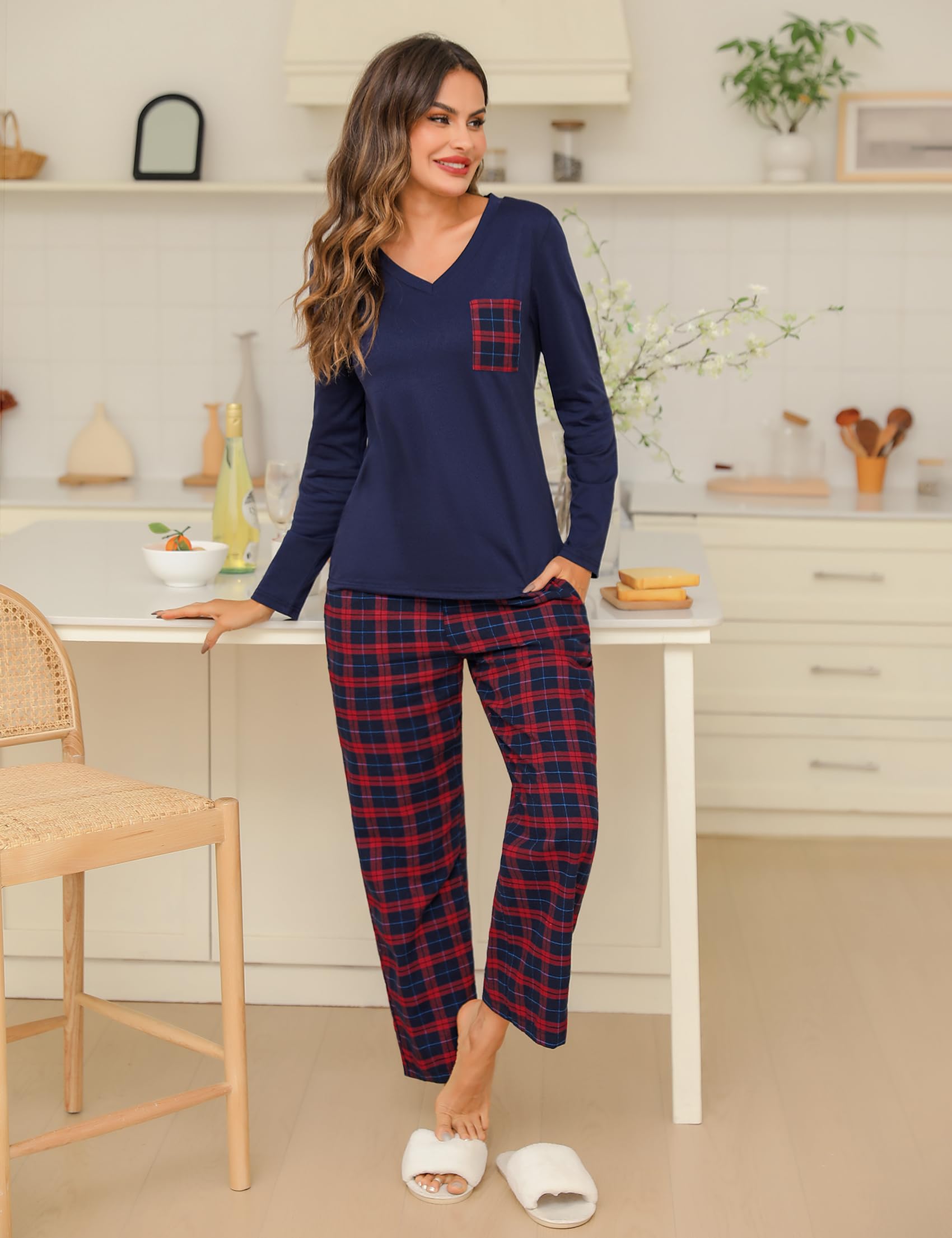 iClosam Pigiama Cotone Donna Invernale a Quadri Due Pezzi Pigiami Lungo con Tasche Laterali Comodo Casual per la Casa S-XXL