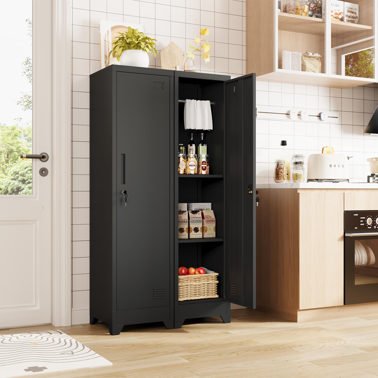 Dripex Metallschrank mit Hängestange, Stahlschrank Aktenschrank abschließbar Aufbewahrungsschrank Mehrzweckschrank Stahlspind für Schule Haus Büro Garag, Schwarz, 150 x 38 x 38 cm
