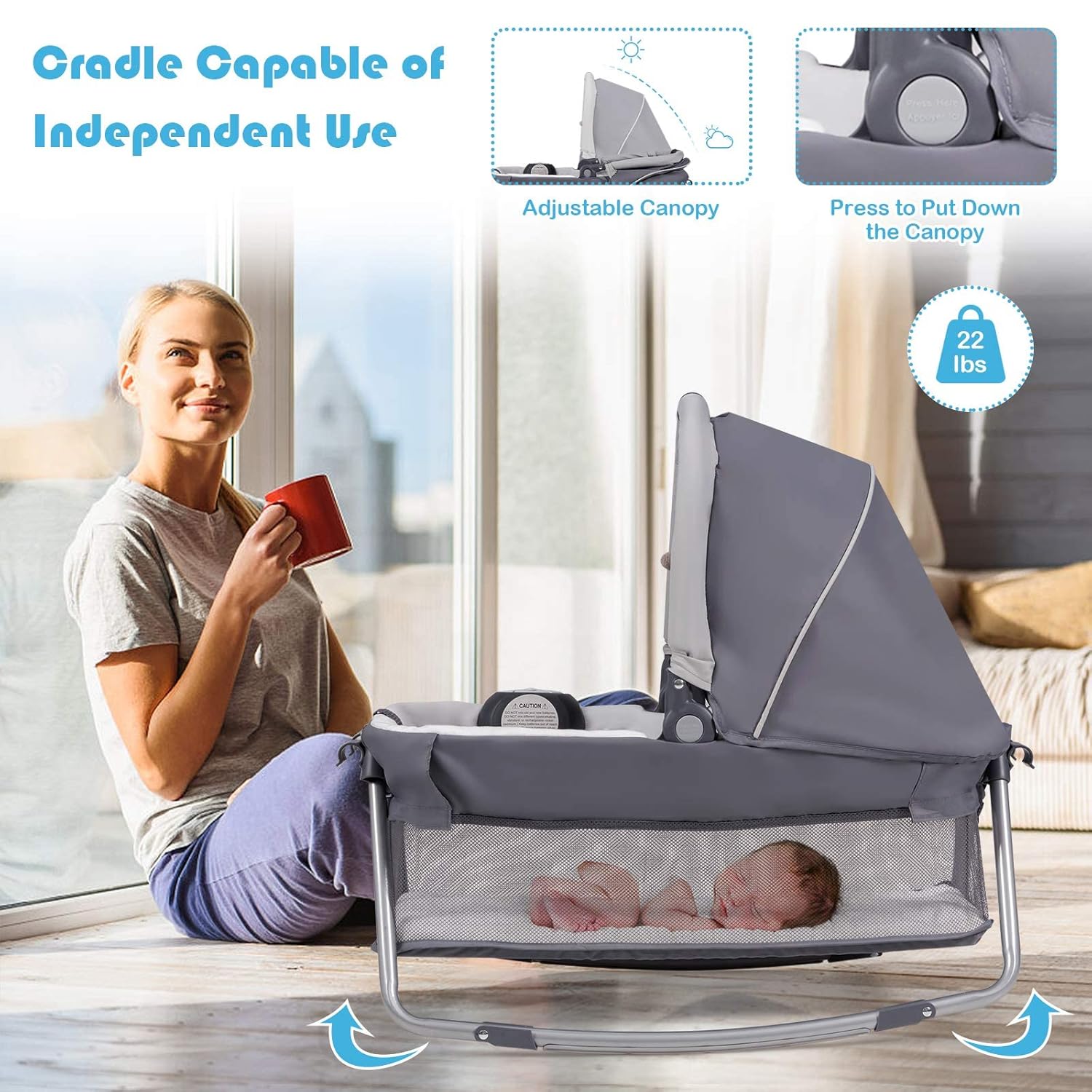 HONEY JOY Pack and Play with Bassinet, 4-in-1 Baby Playard with Changing Table & Removable Infant Full-Size Bassinet, Diaper Storage Basket & Music, Foldable Nursery Center w/Carry Bag (Blue)