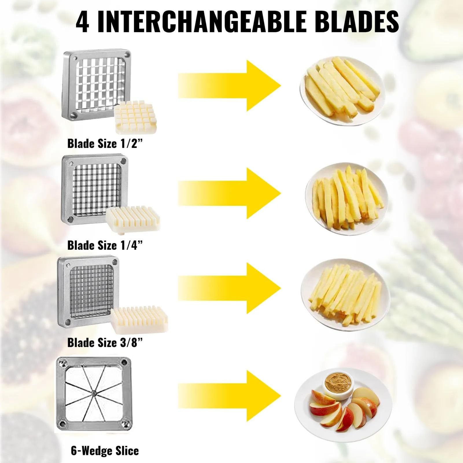 Cortador de Patatas Fritas Manual, Cortadora Profesional de Verduras con 4 Cuchillas Intercambiables de Acero Inoxidable, Base con Ventosas Antideslizantes, para Cocina Doméstica