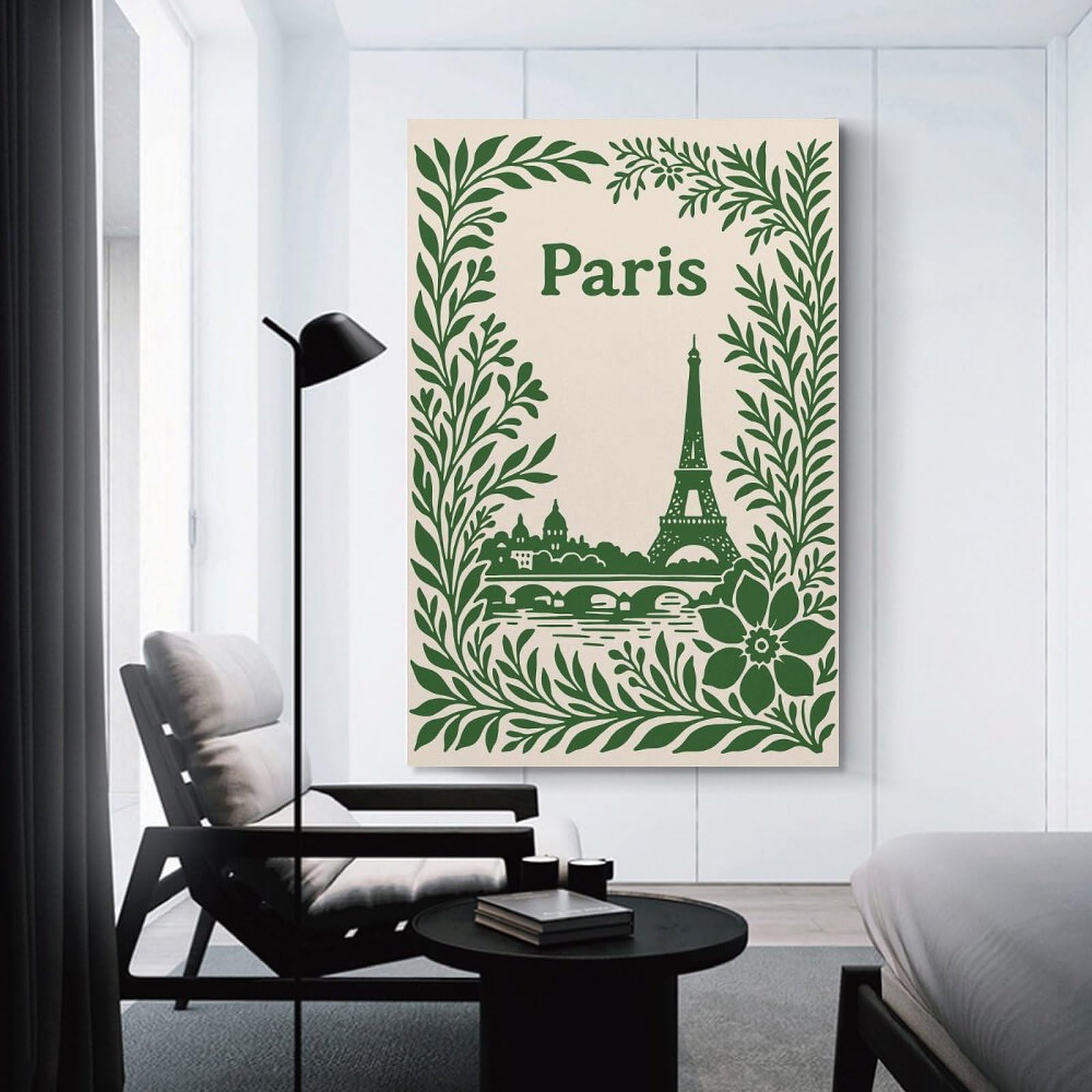 Junmoney Paris Illustration with Floral Frame Room Decor Wall Art 12x18inch(30x45cm), for Wall Displays, Bedrooms Or Room Updates, Ideal for Building A Coordinated Art Wall