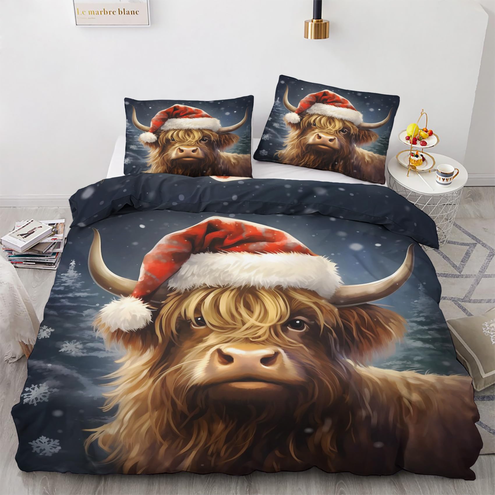 Highland Cow King Size Duvet Cover Sets - Christmas Bedding Set - Reversible Quilt Cover & 2 Pillowcases with Zipper and Ties, Ultra Soft and Non Iron Brushed Microfibre Bed Set 230x220 H-&8-64