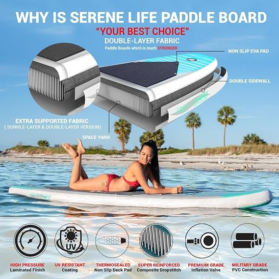SereneLife Paddle Board Inflatable Stand Up SUP 32in Wide Stable All Round Design for Adults and Kids – Paddle Board Non Slip EVA Deck Complete Kit with Paddle Pump Backpack Leash