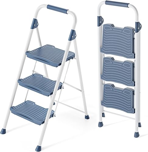 KINGRACK Escalera de 3 escalones, taburete resistente con pasamanos, pedales anchos antideslizantes, taburete plegable para el hogar, garaje,