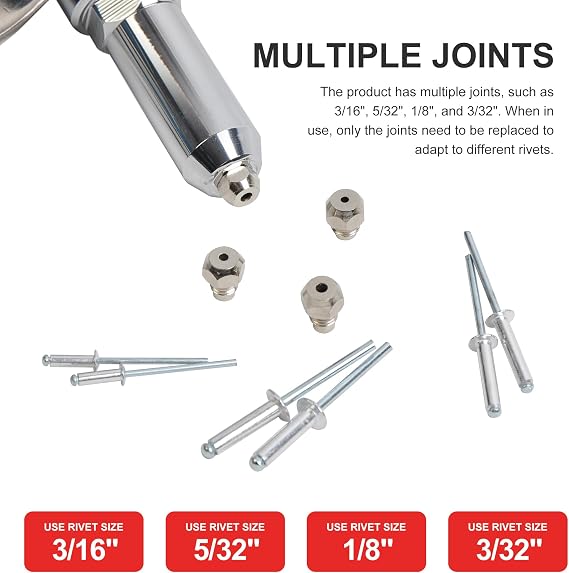 Pneumatic Rivet Gun Heavy Duty Pop Rivet Gun Tool Kit with 3/16 5/32 1/8 and 3/32 Nosepieces, Air Hydraulic Rivet Gun for Automobile, Elevator, Furniture, Instrument (4 nozzles)