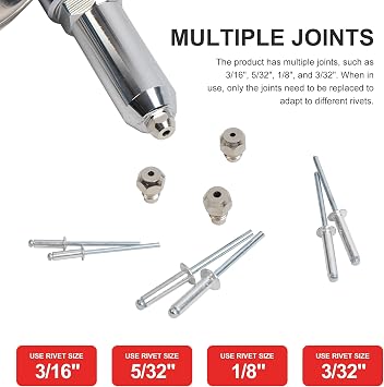 Pneumatic Rivet Gun Heavy Duty Pop Rivet Gun Tool Kit with 3/16 5/32 1/8 and 3/32 Nosepieces, Air Hydraulic Rivet Gun for Automobile, Elevator, Furniture, Instrument (4 nozzles)