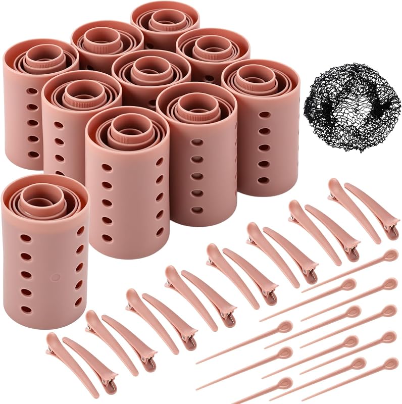 WILLBOND 141 Pcs Plastic Hair Rollers Set with Clips and Pins,Brown | No Heat Curlers for Sleeping, Bulk Styling Set Includes Foam Cylinders Clips Pins Hairnet, Salon or Home Use Suitable