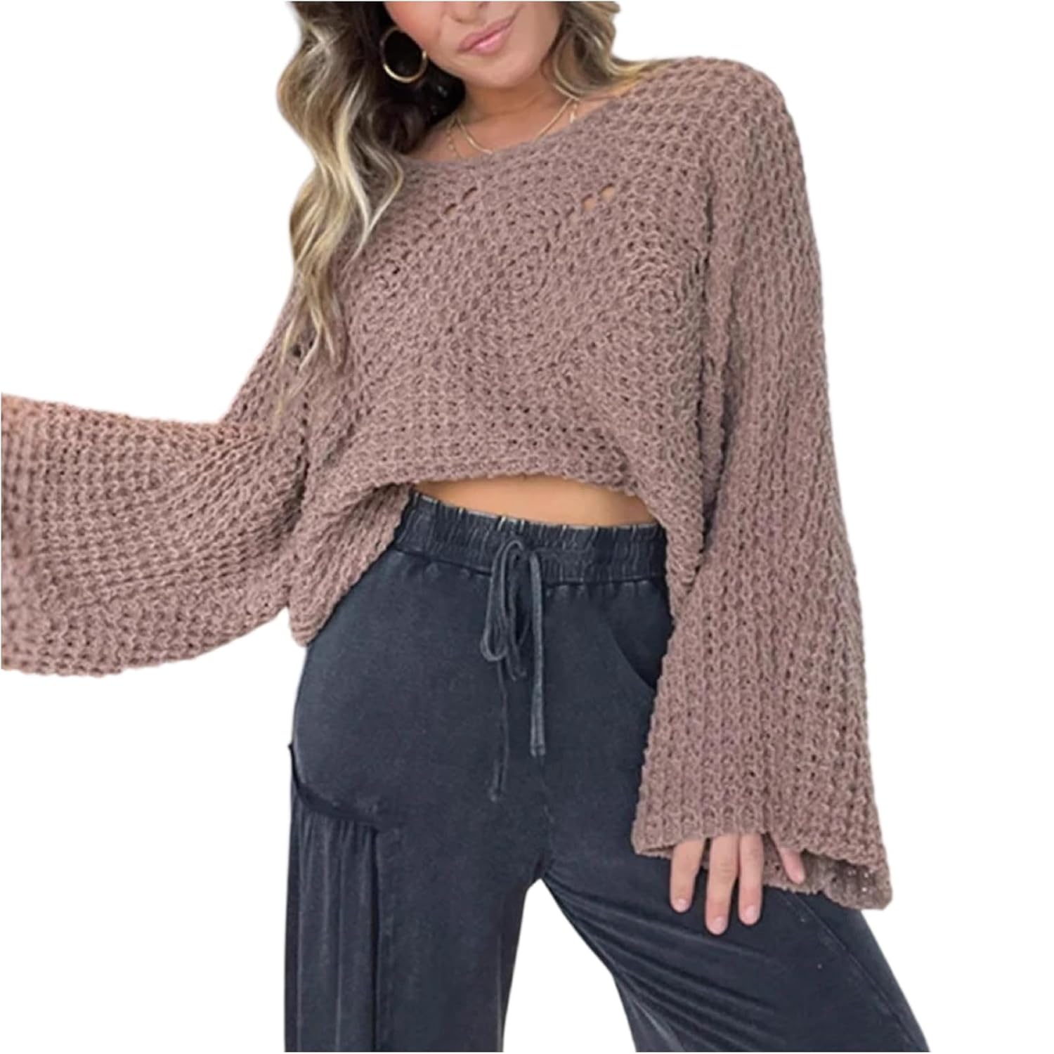 Womens Fashion Casual Sweaters Hollow Knit Trendy Long Sleeve Pullover Short Cardigan Sweater Basic Top