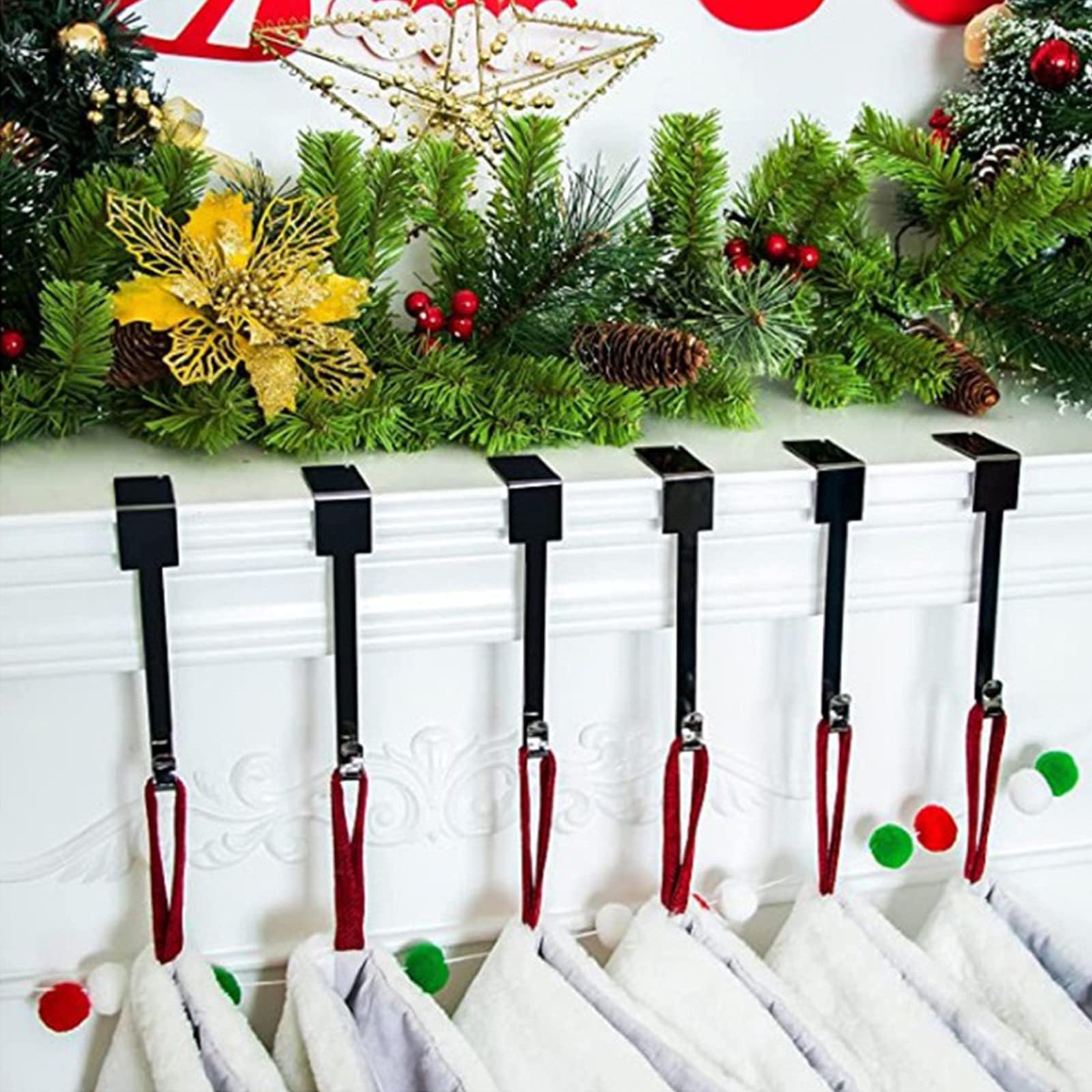 Runmeihe Confezione da 4 ganci per calze di Natale per camino, ganci in metallo per appendere calze di Natale, supporto per calze di Natale per decorazioni natalizie (nero)