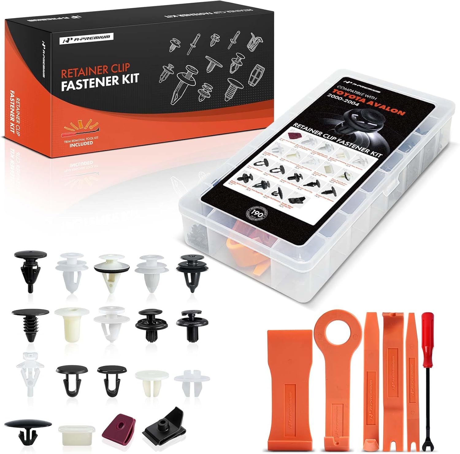 A-Premium 190 PCS 19 Sizes Car Retainer Clips Kit Compatible with Toyota Avalon 2000-2004 Front Bumper Fender Hood Door Trim Auto Push Pin Plastic Rivet Fastener Replacement Set, w/Removal Tool