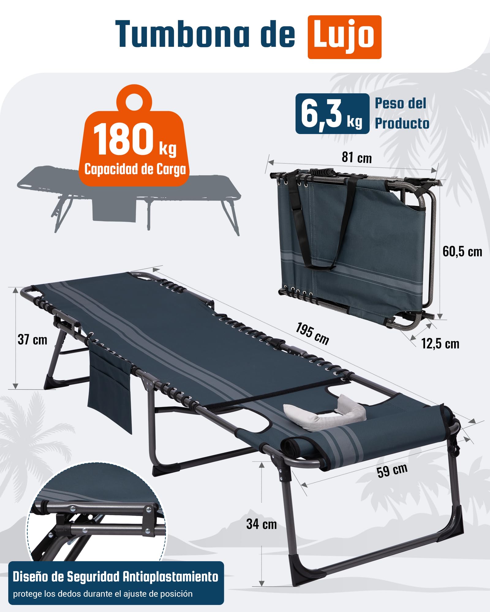KingCamp Tumbona Plegable con Agujero para Lectura, Respaldo Ajustable 5 Posiciones, Silla Reclinable de Jardín con Correa, Cama Solar Portátil para Playa Terraza Piscina Camping Cama Supletoria