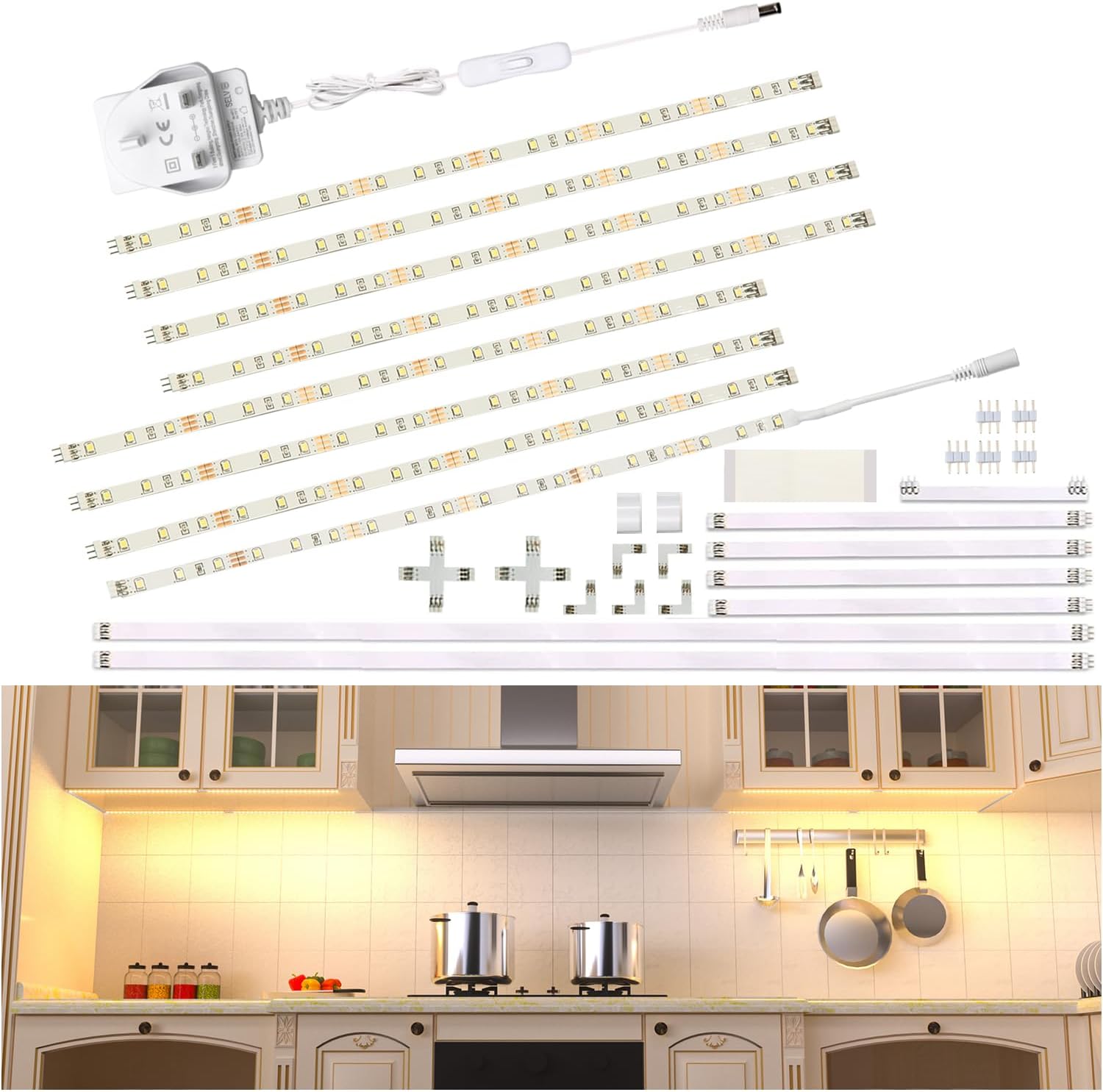 WOBANE Under Cabinet Lighting Kit,Flexible 8 x 30cm LED Strip Lights,Under Counter Lights for Kitchen,Cupboard,Desk,Monitor Back,Shelf,DIY Tape Light,2700K WarmWhite,12v Adapter & Variety Connectors