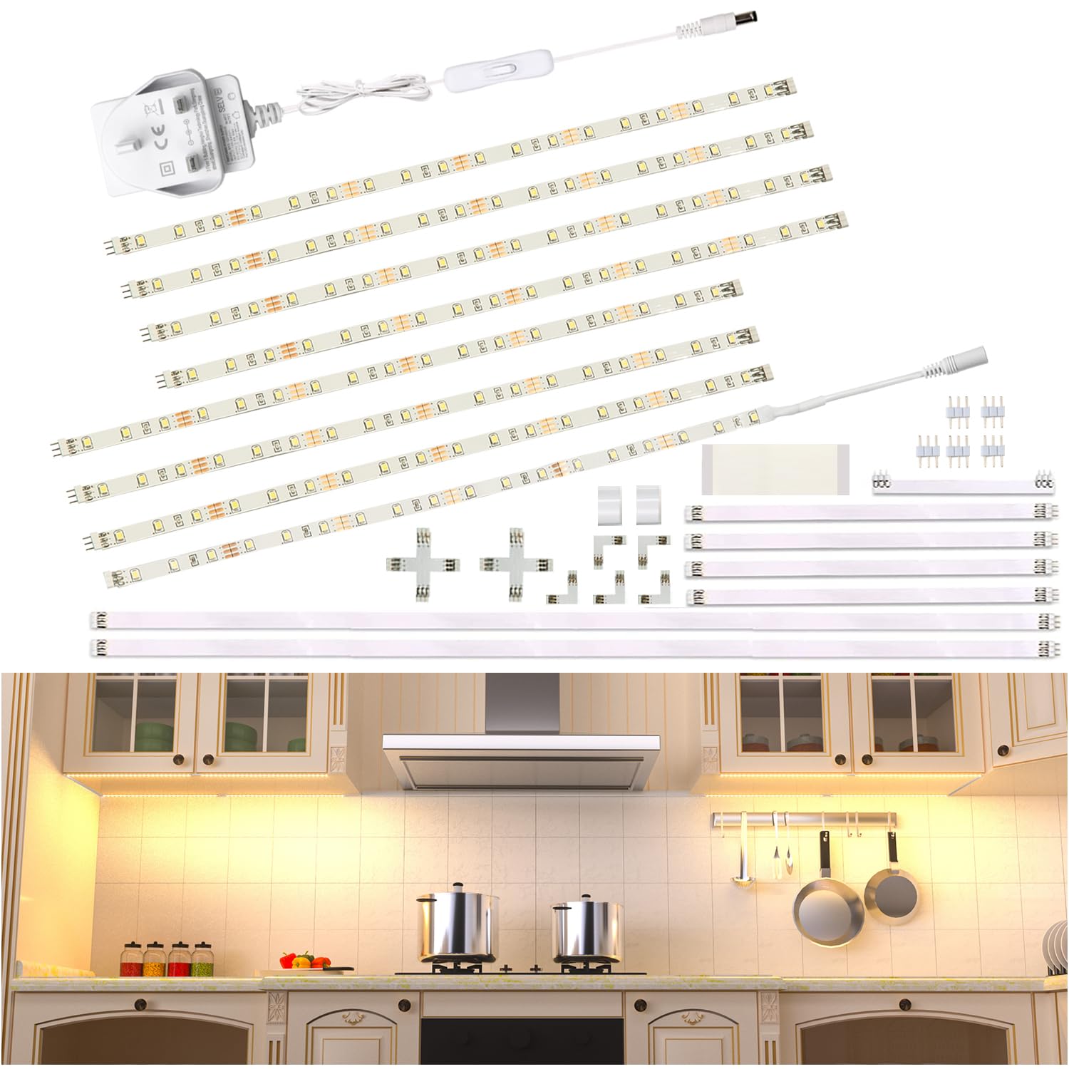 WOBANE Under Cabinet Lighting Kit,Flexible 8 x 30cm LED Strip Lights,Under Counter Lights for Kitchen,Cupboard,Desk,Monitor Back,Shelf,DIY Tape Light,2700K WarmWhite,12v Adapter & Variety Connectors [Energy Class F]
