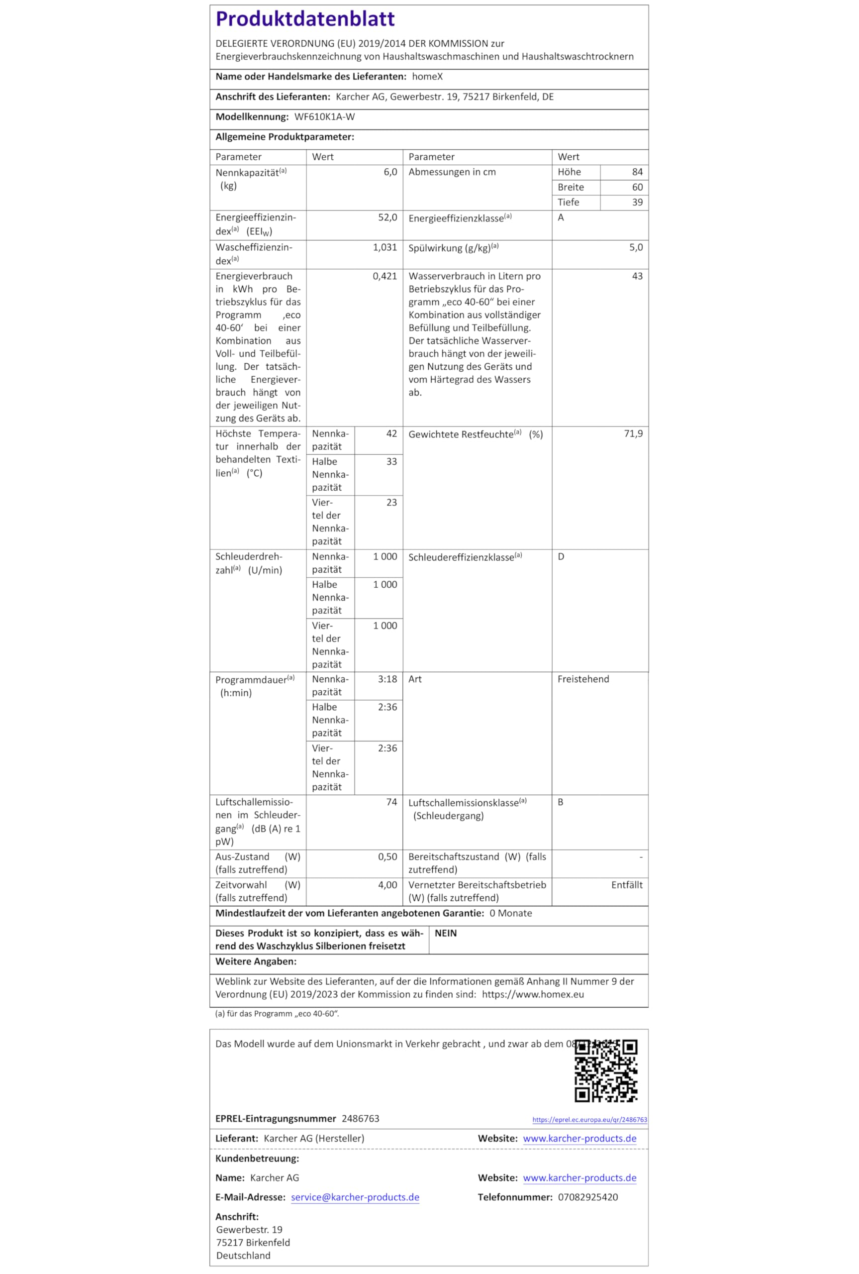 homeX Waschmaschine 6kg Frontlader 1000 U/Min Energieklasse A AquaStop Inverter Motor 14 Programme 74 dB 39 cm Tiefe 90°C weiß WF610K1A-W