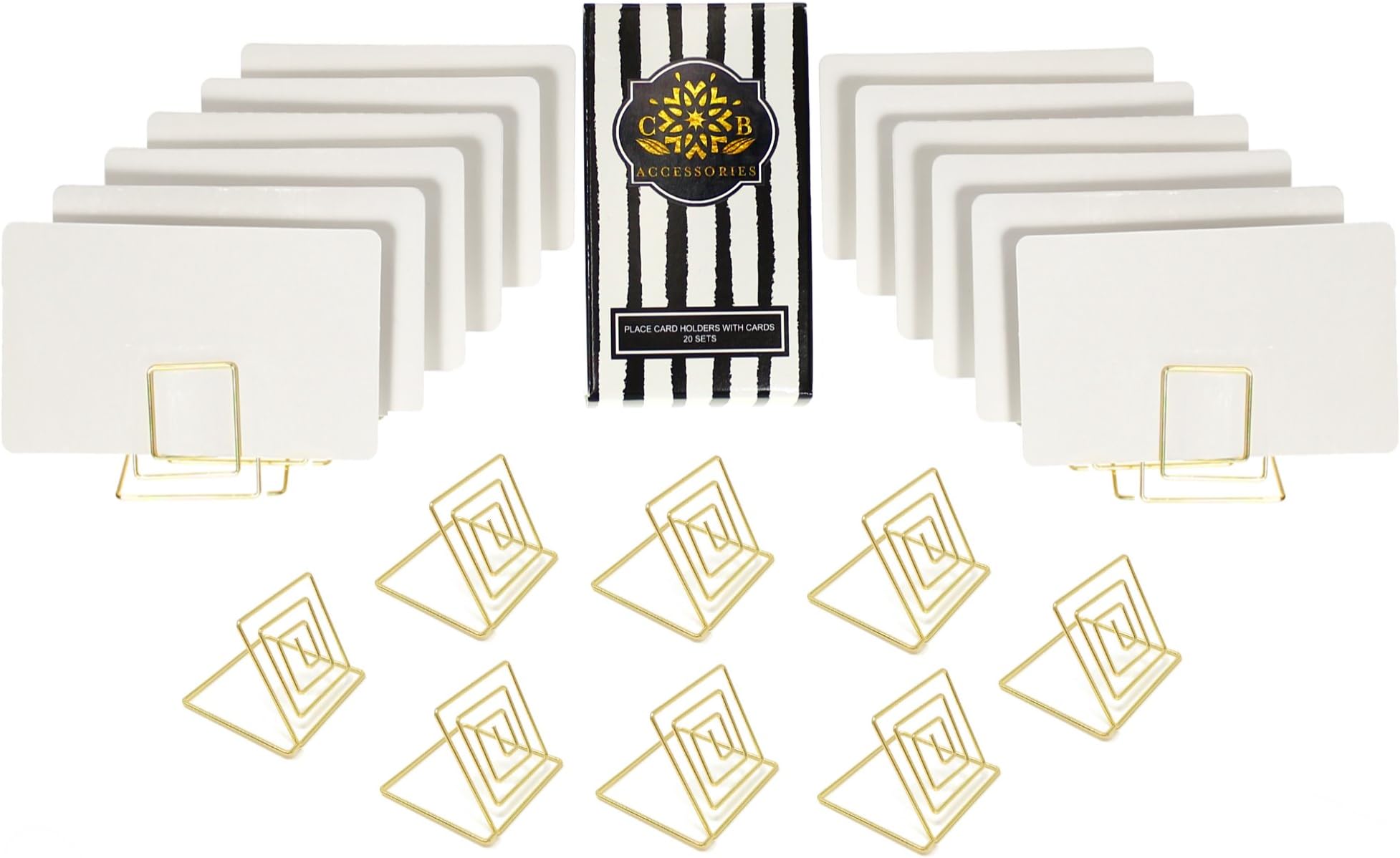 CB Accessories Table Card Holder Set of 20 Food Signs White Place Cards with Wire Stands for Weddings, Dinner Parties, Buffets, Table Numbers (Gold)