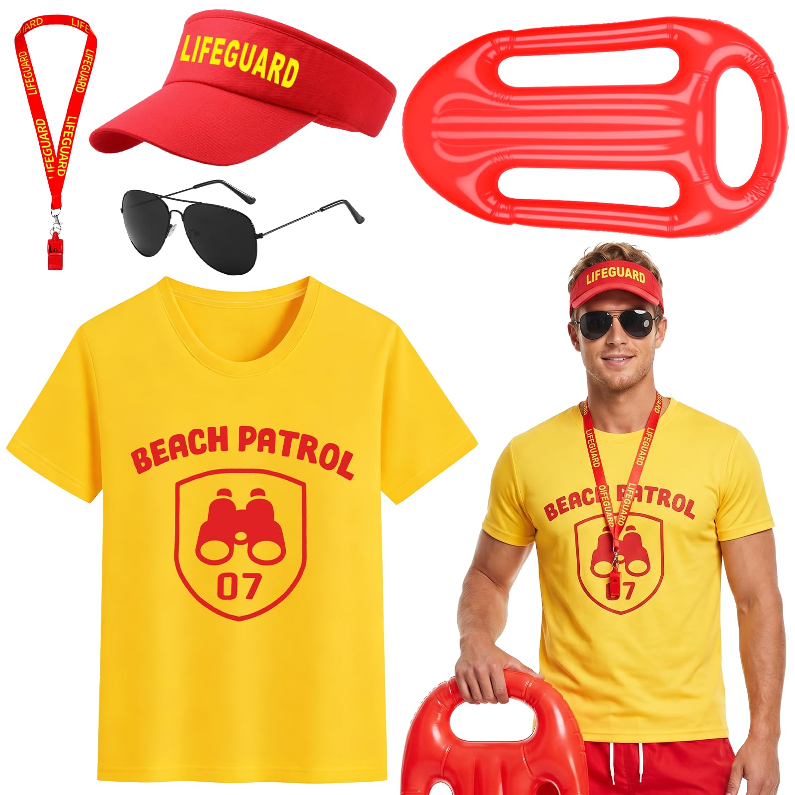 Lifeguard Costume Set for Adults, 5Pcs Baywatch Fancy Dress with Red Lifeguard Sun Visor Whistle Aviator Sunglasses Inflatable Prop Yellow Beach Patrol T-Shirt for Halloween Stag Do Beach Party