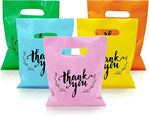 KEEPARTY 100 PCS Small Thank You Merchandise Bags Plastic Goodie Bags Party Favor Bags for Birthday Party Baby Shower Wedding Merchandise Gifts Trade Shows (Five Colors)