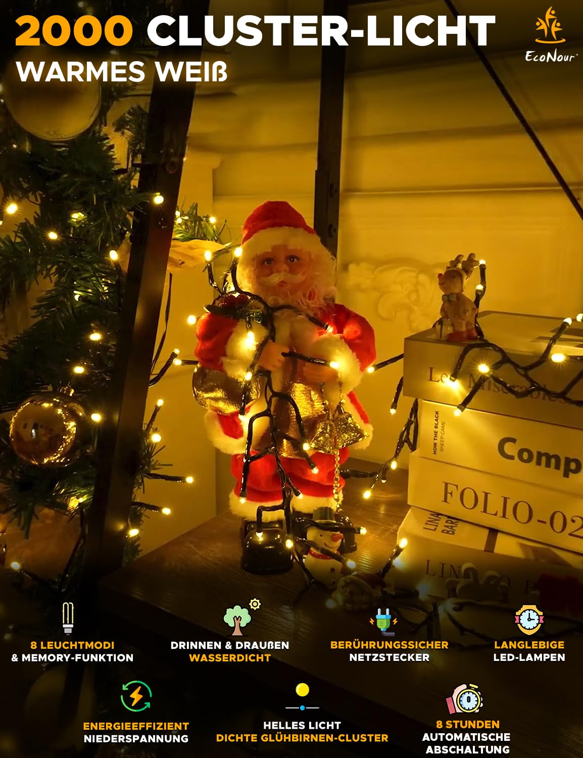 EcoNour Cluster-Lichterkette mit 2000 LEDs – 6 Stunden Leuchtdauer, 8 Lichtmodi, Netzanschluss, wasserdicht, für den Innen- und Außenbereich – 2000 LEDs / 25 m Leuchtlänge, Warmweiß