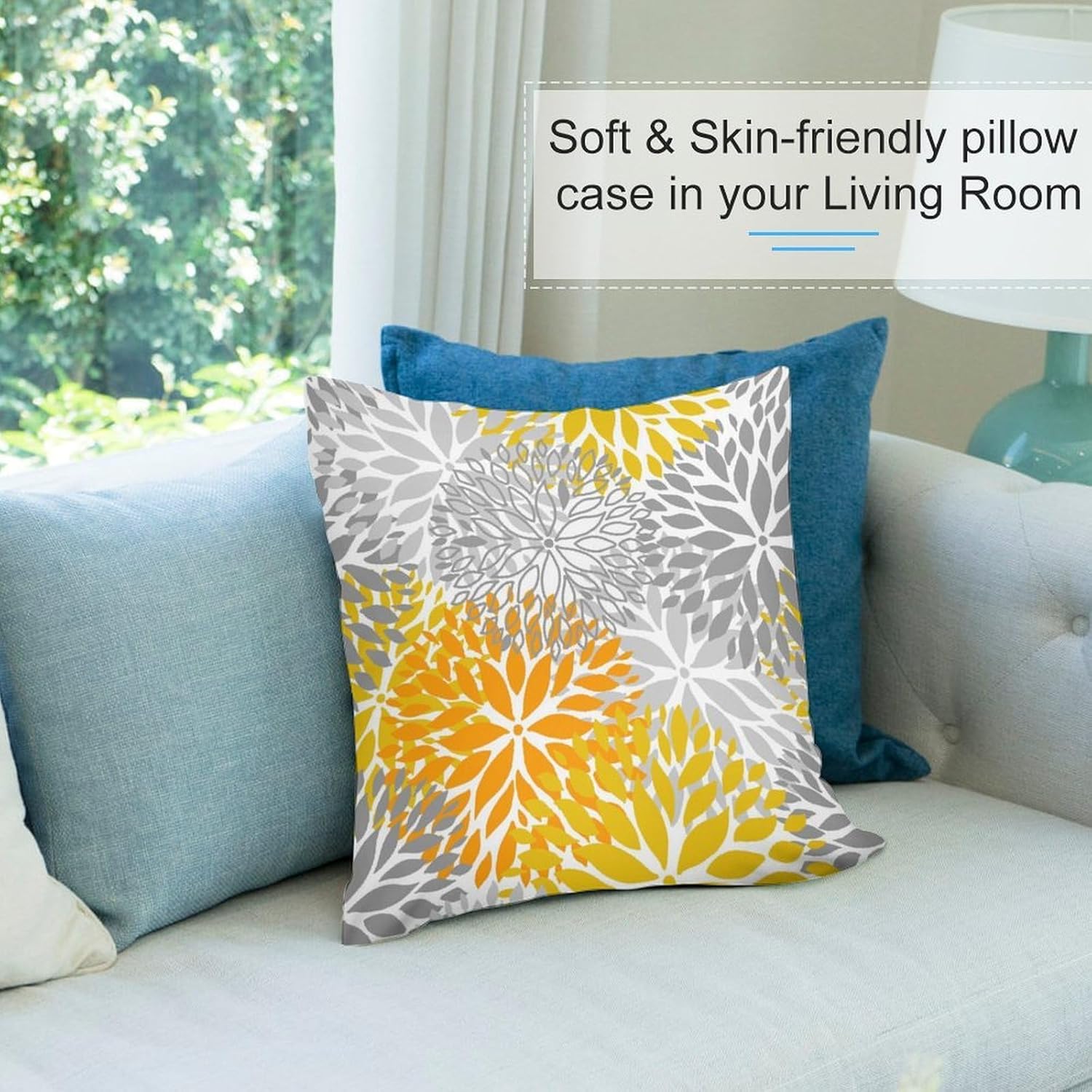 Yellow Gray Floral Throw Pillow Covers Boho Dahlia Pattern Print Cozy Square Throw Pillowcases Home Decor for Bed Couch Sofa Living Room Cushion Cover 22"X22"Set of 2