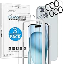 OMOTON Tempered Glass Screen Protector for iPhone 15 with Frame Installation Aid, Compatible with iPhone 15 Camera Screen Protector, Pack of 3 + 3, Anti-Scratch, Bubble-Free, 9H Hardness, HD Clear