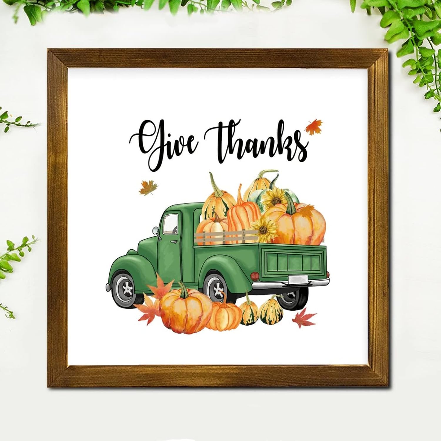 Give Thanks Pumpkin Green Truck Framed Wooden Signs Maple Leaves Wall Art Sign Retro Farm Harvest Home Wall Decoration for Laundry Room Bathroom Bedroom Home 12x12 inch