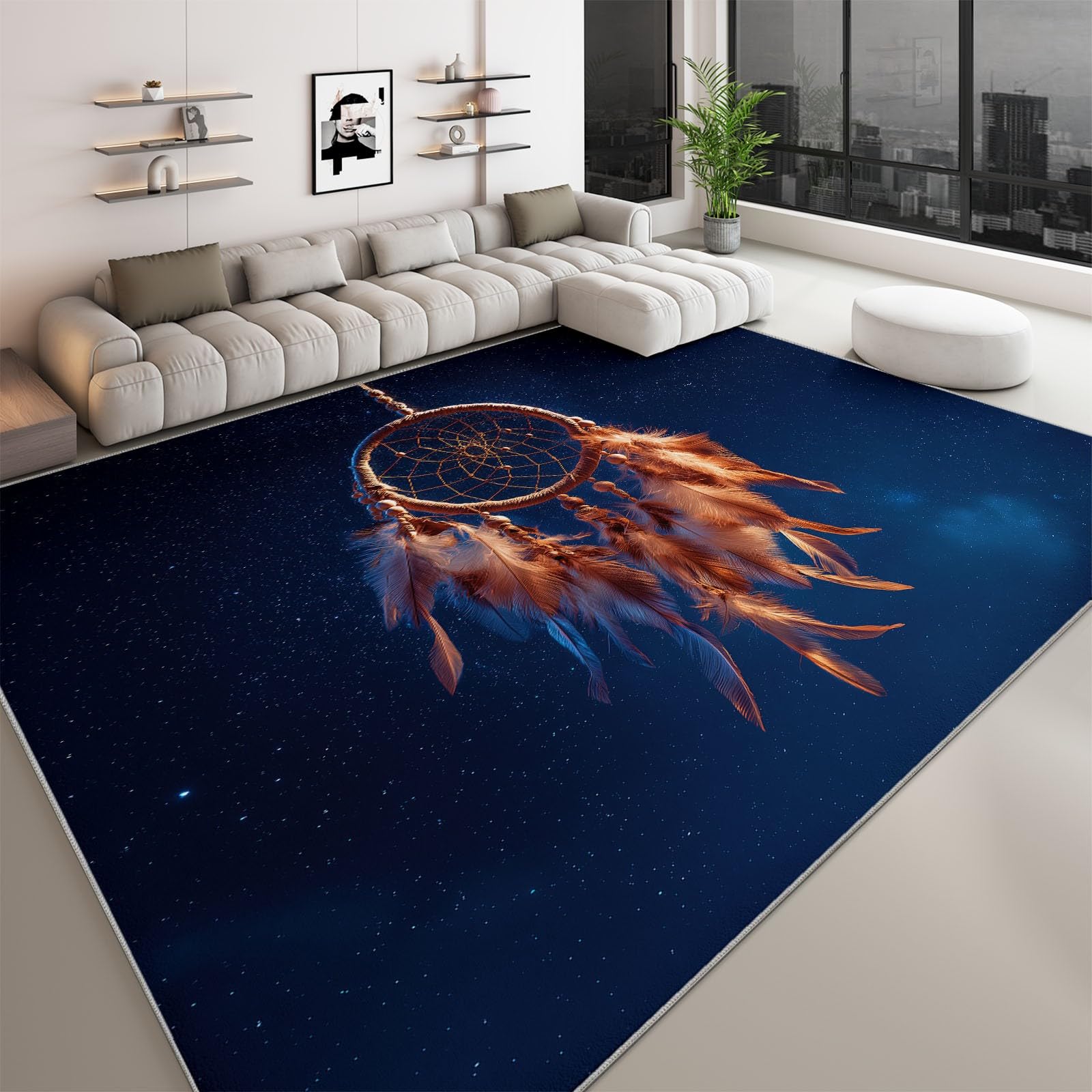 Kuscheliger Dunkelblau Teppich für Wohnzimmer, Waschbarer rutschfest Teppich 80 x 150 cm - Wohnzimmerteppich Verträumt Elegant Traumfänger Sternenhimmel für Kinder Schlafzimmer Esszimmer Studie