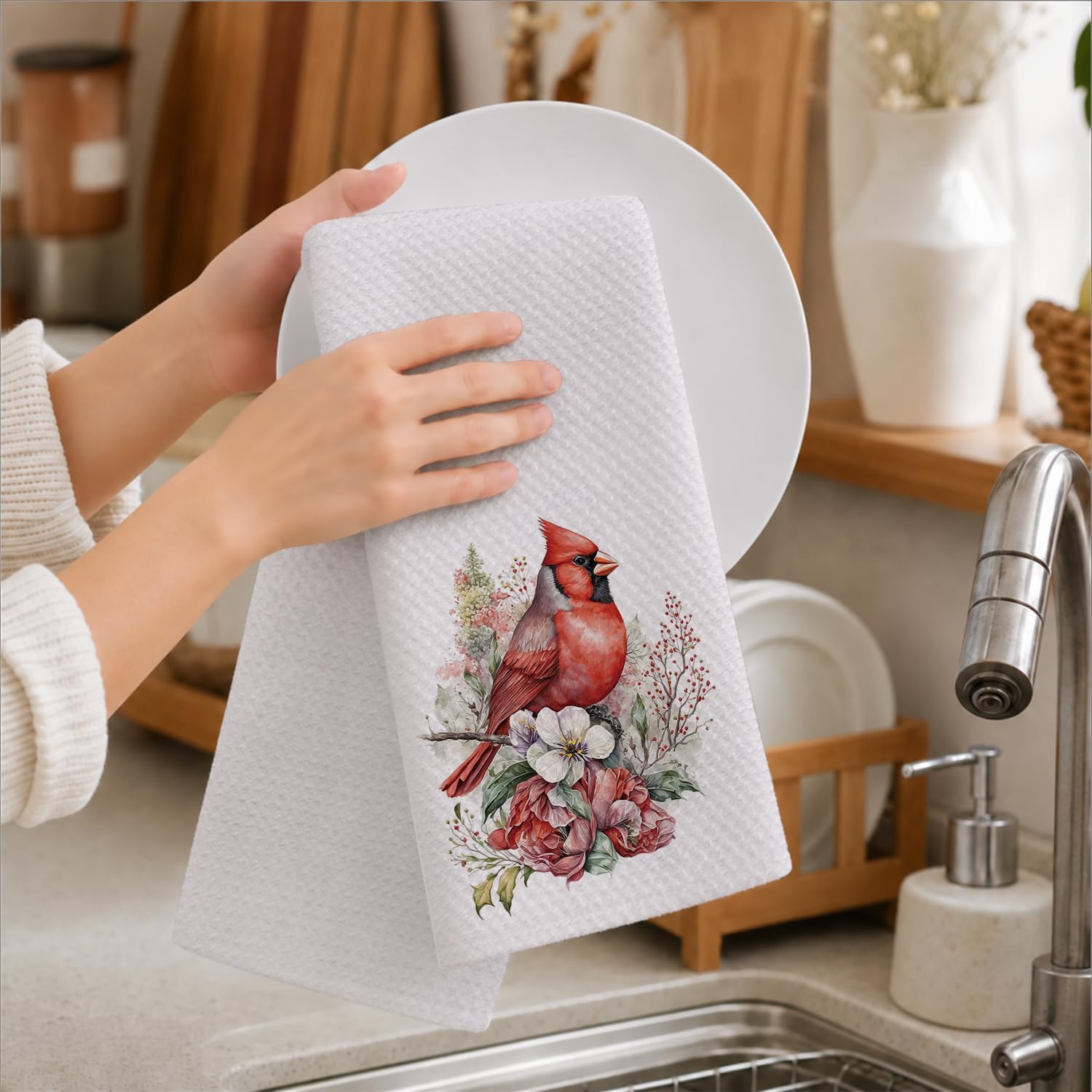 Christmas Red Cardinal Kitchen Dish Towels 16x24in image 4