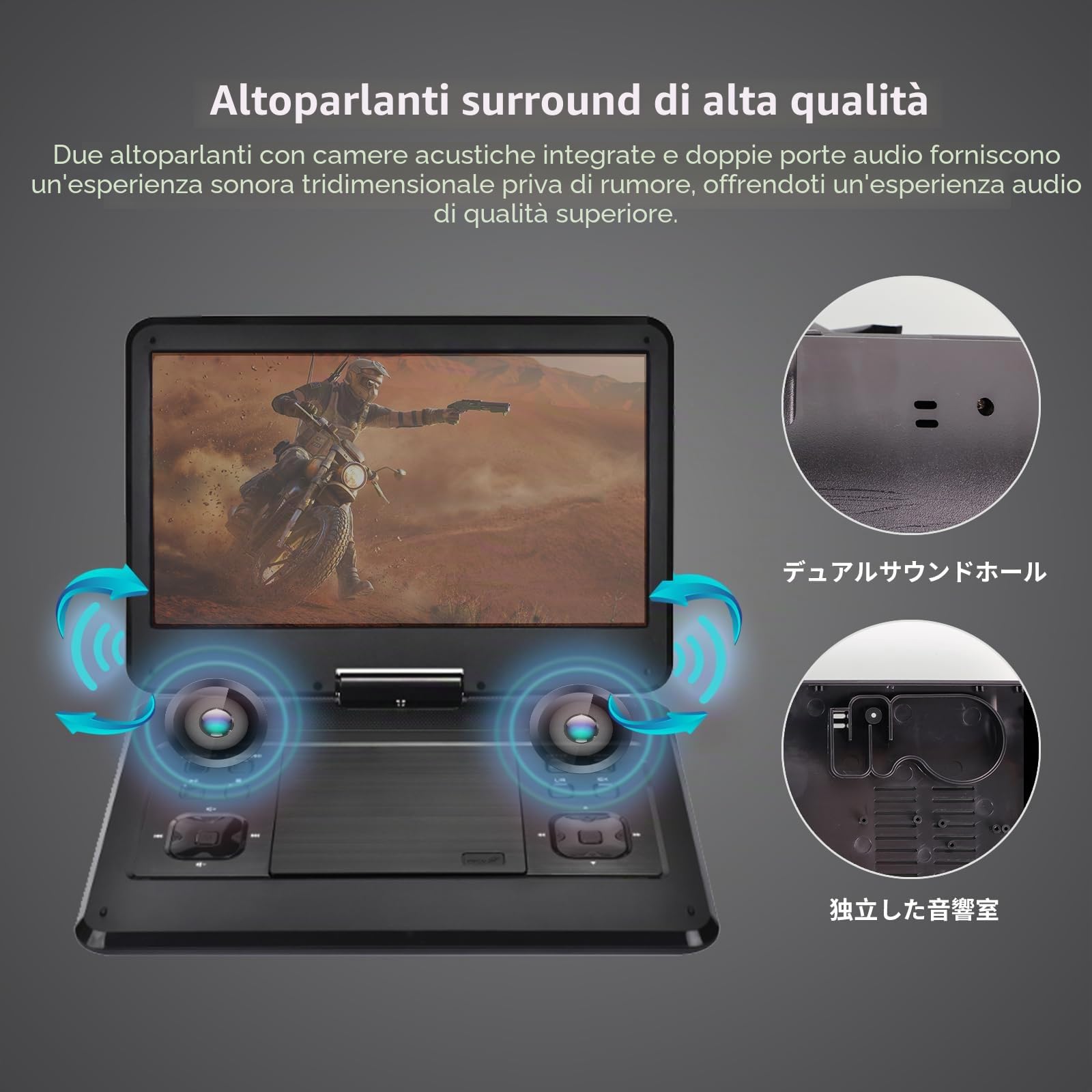 Lettore DVD portatile 17,9 pollici schermo girevole 14,1" batteria 6 ore supporto poggiatesta auto nero