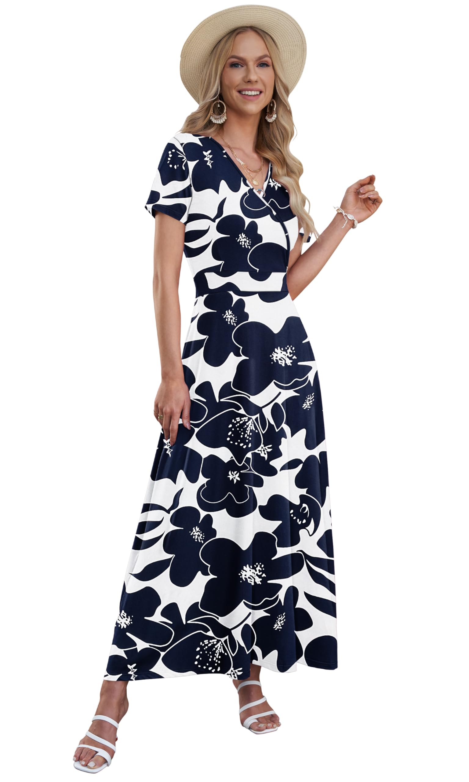 AUSELILY Robe Longue Femme Ete Col en V Manches Courtes Robe Femme Chic et Elegant Taille Haute Ligne A Cocktail Robes avec Poches