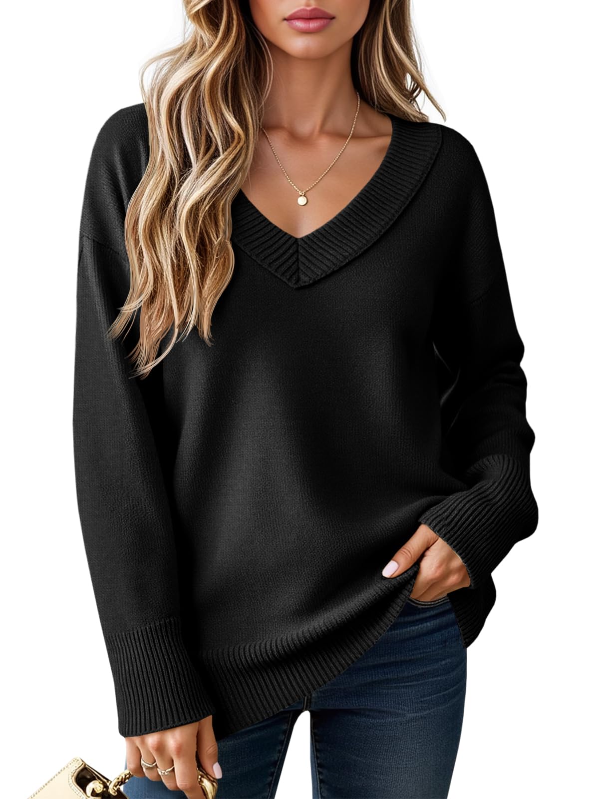 Saodimallsu Womens Fall Tunic Sweaters Long Sleeve Chunky Knit V Neck Casual Loose Fit Pullover Tops