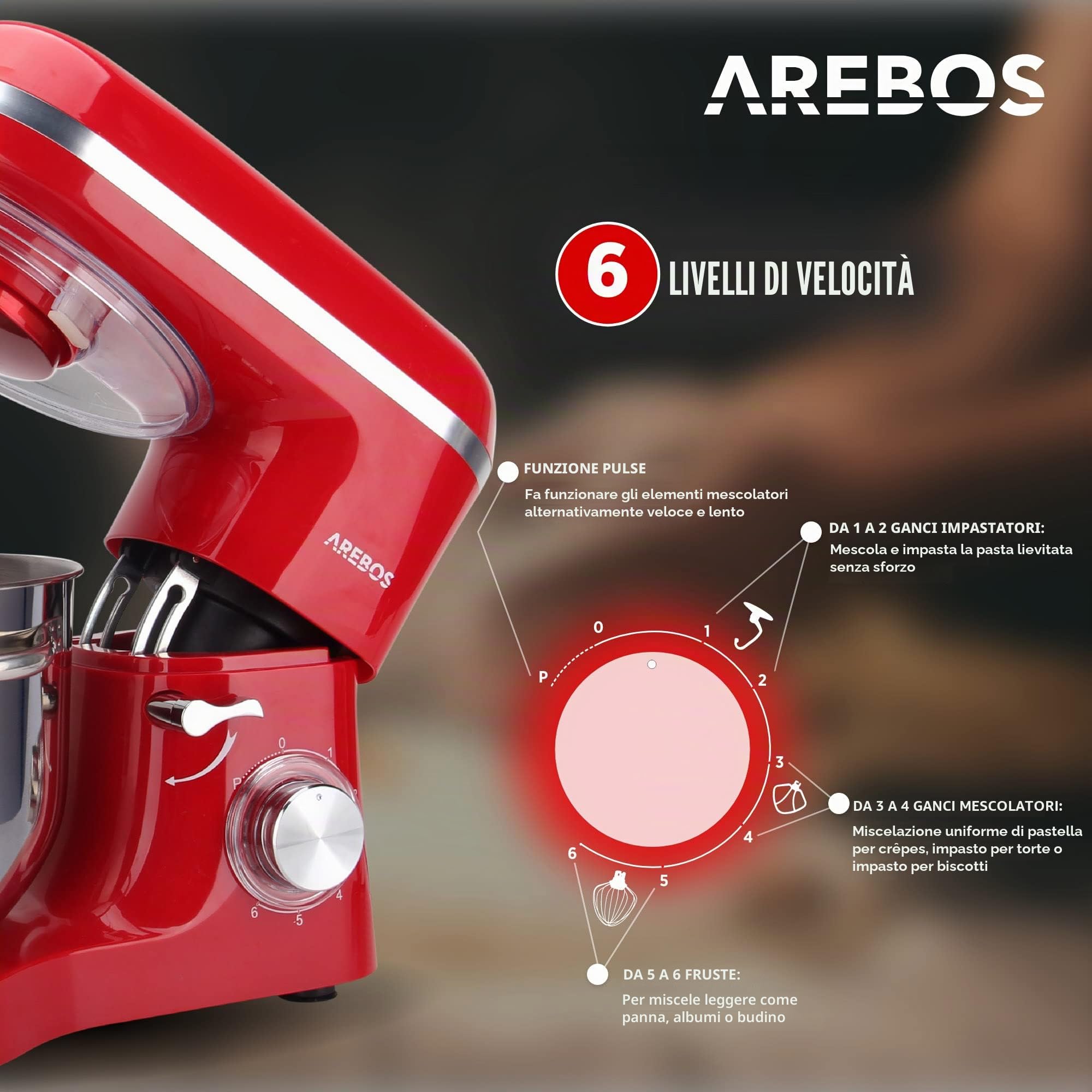 Arebos Impastatrice Robot da Cucina 1500W | Rosso | Mixer Cucina 6L | Basso Rumore | Multifunzione Impastatore Planetario Professionale con Ganci, Frullare | 6 Velocità con Impulso Regolabile
