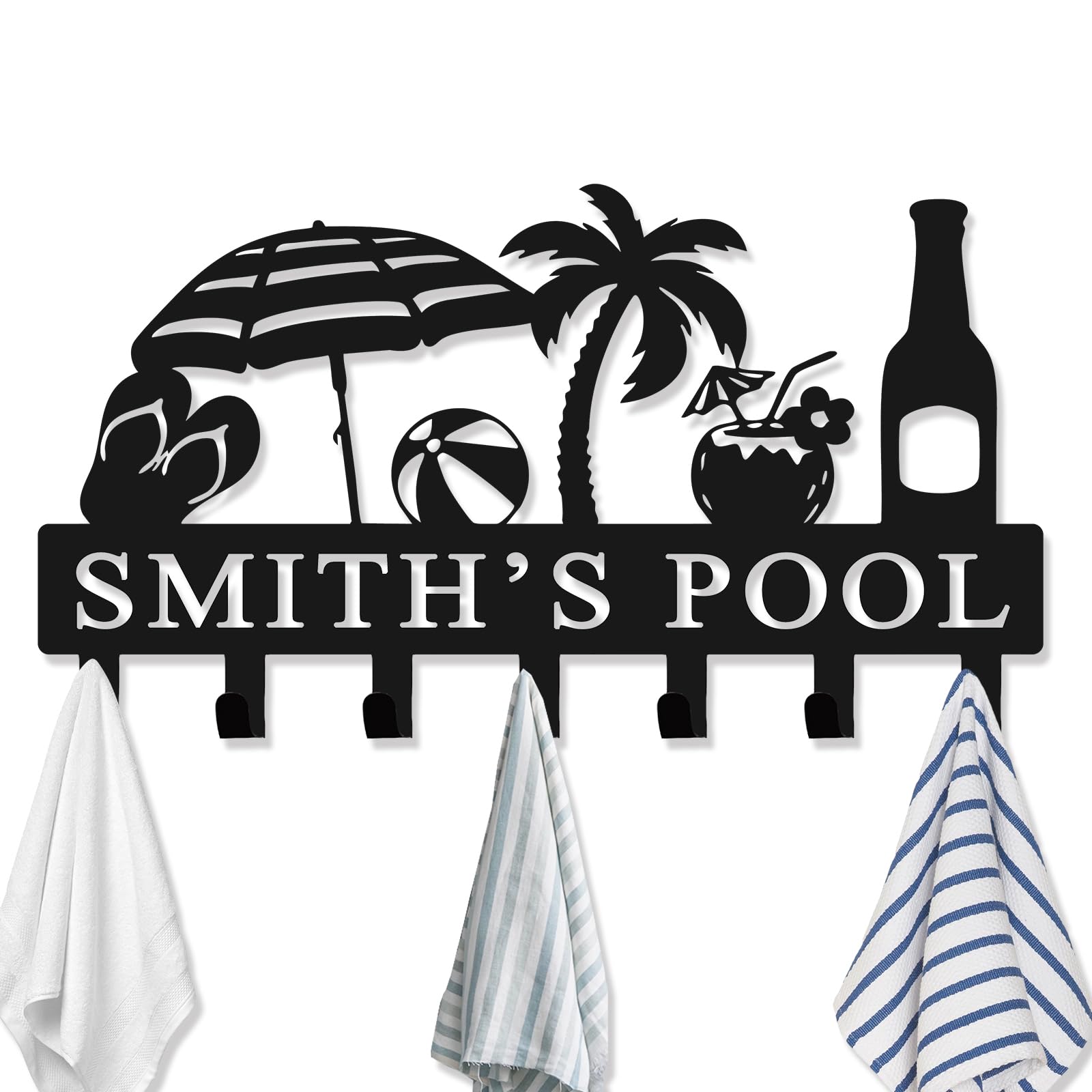 Jiolelores Style 1 Custom Pool Towel Rack Wall Mount Personalized Name Metal Sign Poolside Towel Hook Outdoor Custom Towel Holder Organizer Pool Accessories For Robe, Towel, Coat, Swimsuit, Umbrella, Bag, Keys