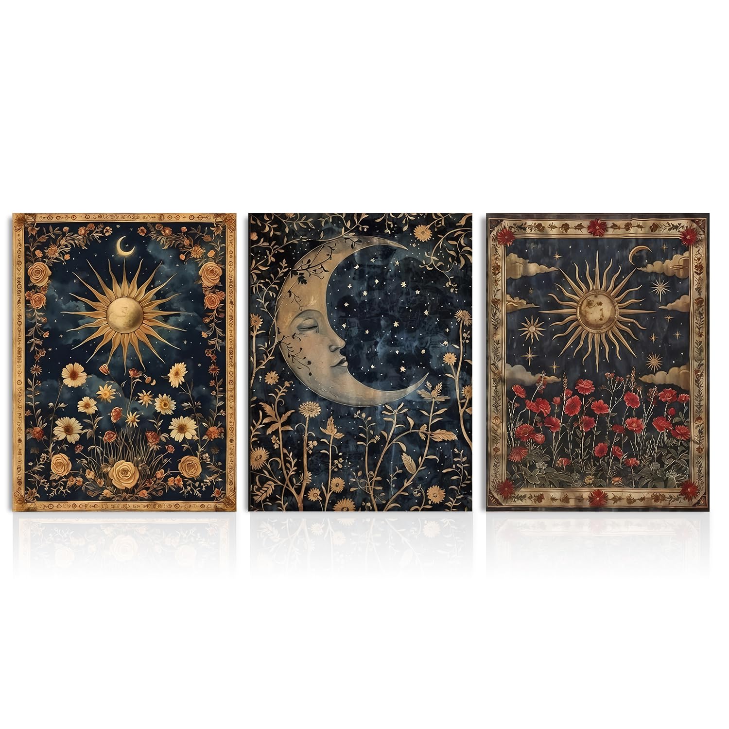 Dazzlewall 3Pcs Vintage Boho Gothic Wall Art Set,Sun & Moon Tarot Cards Floral Mysterious Occult Canvas Prints for Bedroom Living Room Decor 12x16 in Unframed