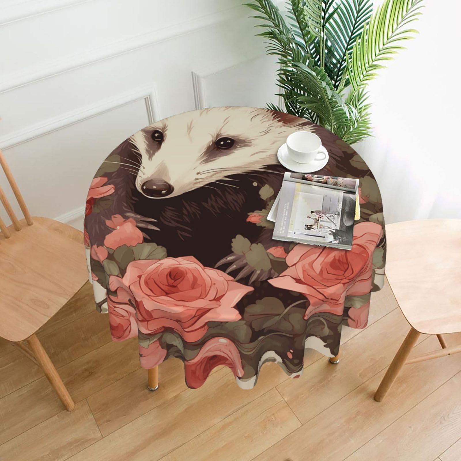 Fodpand Black Opossum And Roses Tablecloths For Round Tables 60 Inches - Reusable And Washable Kitchen Table Clothes Decorative Table Cover For Dining Tables, Buffet Parties, Wrinkle Resistant