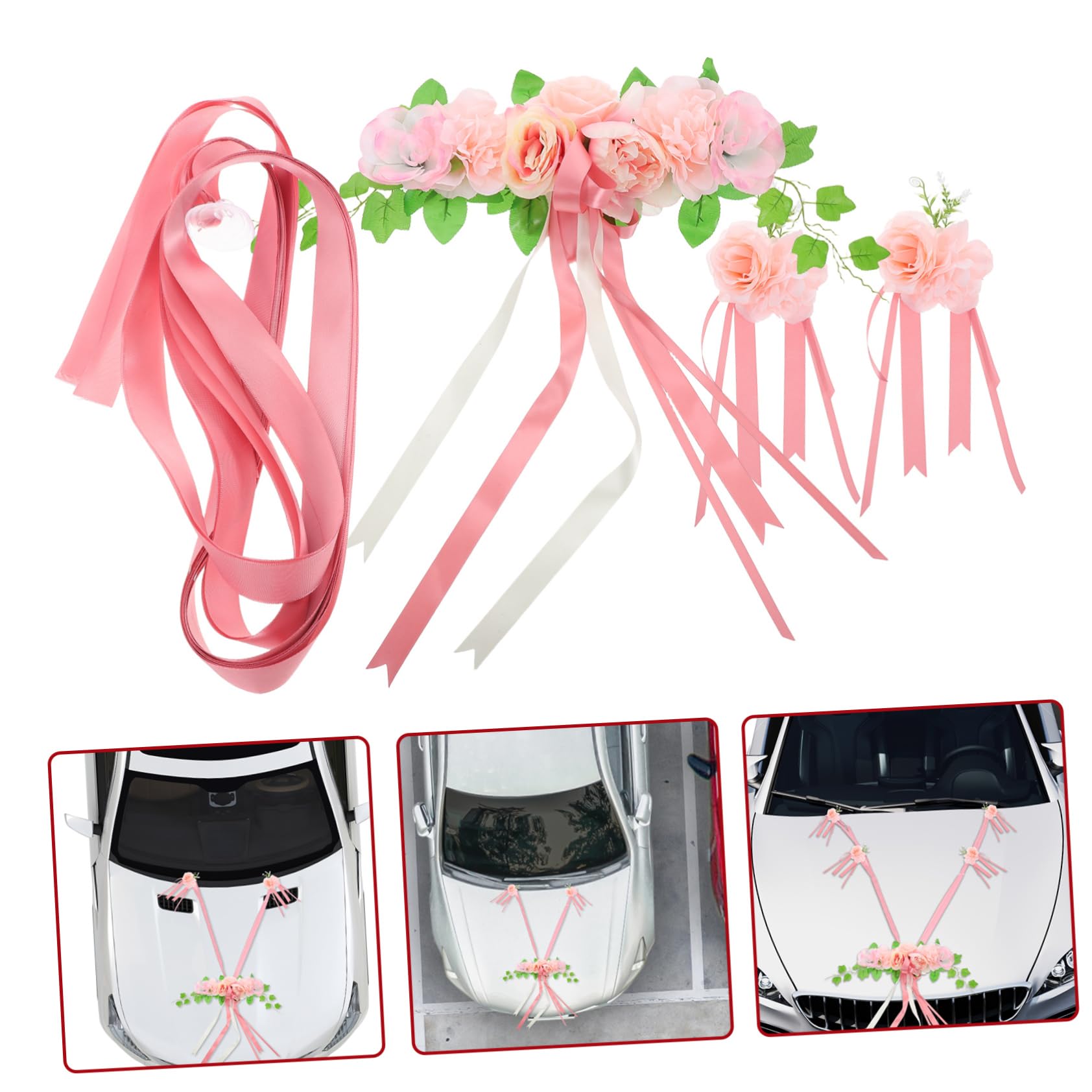 ULTECHNOVO Hochzeitsauto Rosa Seidenblumen Dekorationsset mit Künstlichen Rosen Schleifen aus Bändern Einfach Anzubringen für Autos für Feierlichkeiten