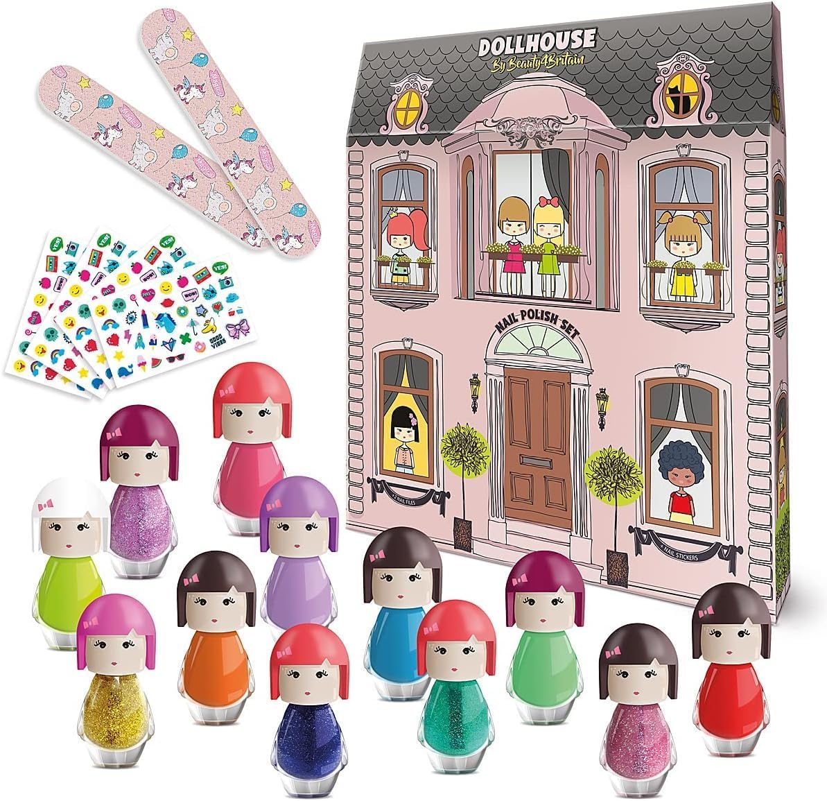 Kids Nail Polish Set 12 Non-Toxic Peel-Off Nail Polishes 2 Nail Files & Nail Stickers Quick Dry Scented Nail Polish
